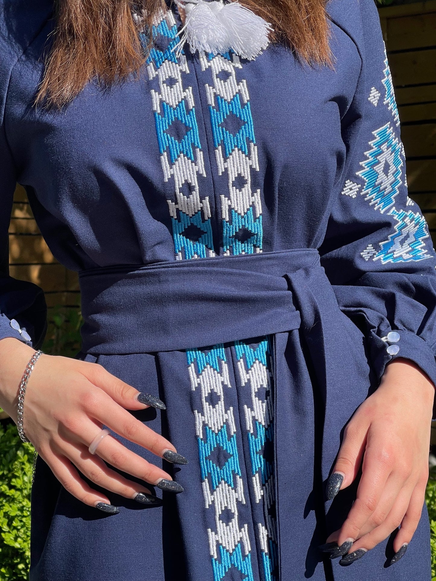 The Dark Blue Long Dress with Blue and White Embroidery