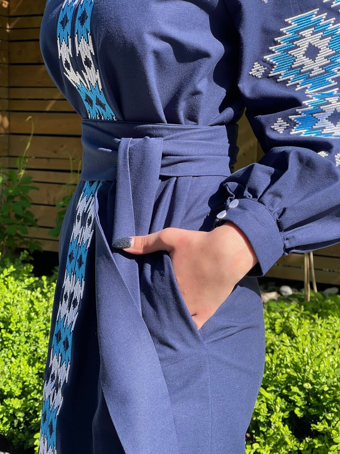 The Dark Blue Long Dress with Blue and White Embroidery