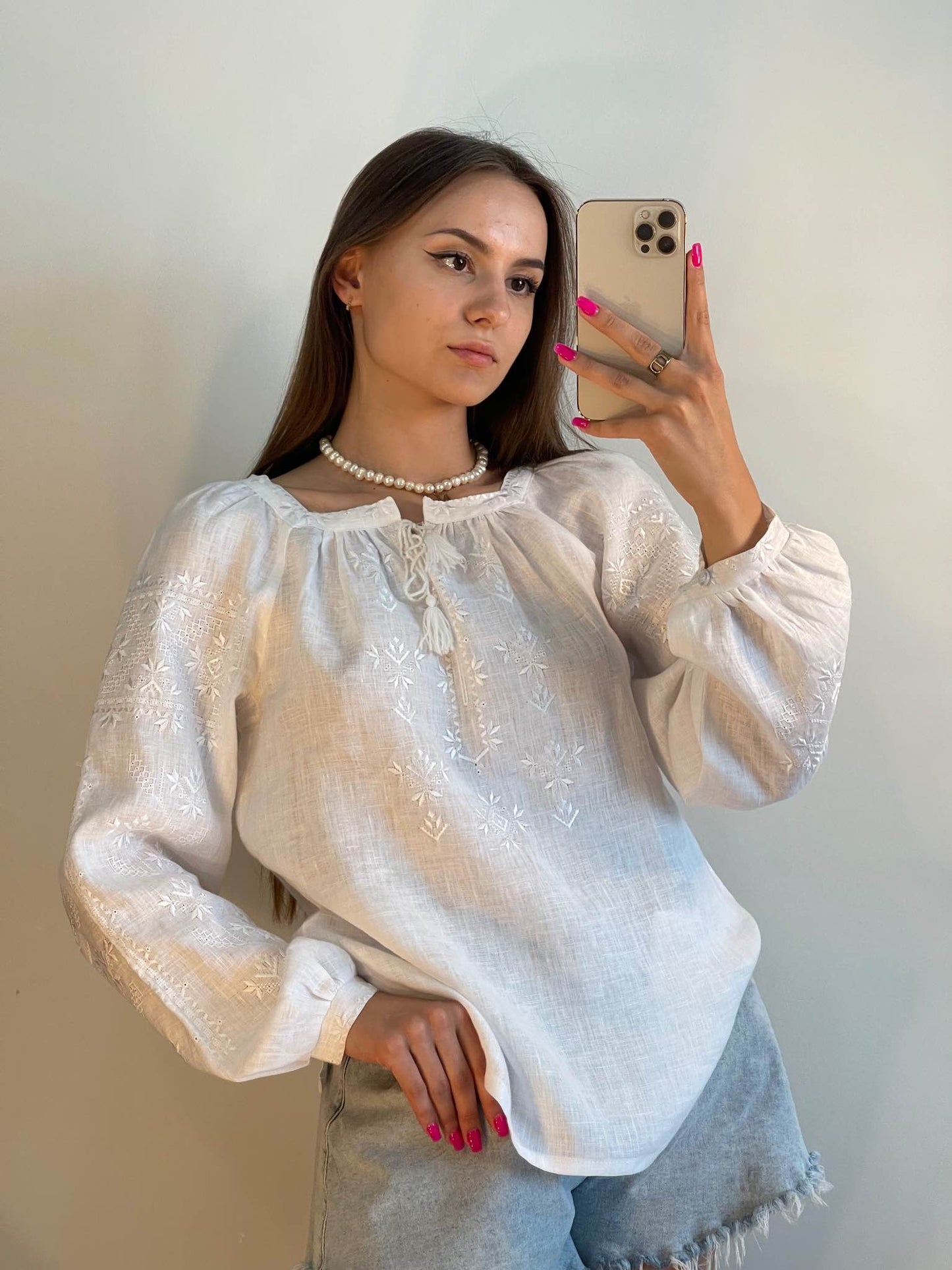 The White Linen Women's Blouse with White Embroidery