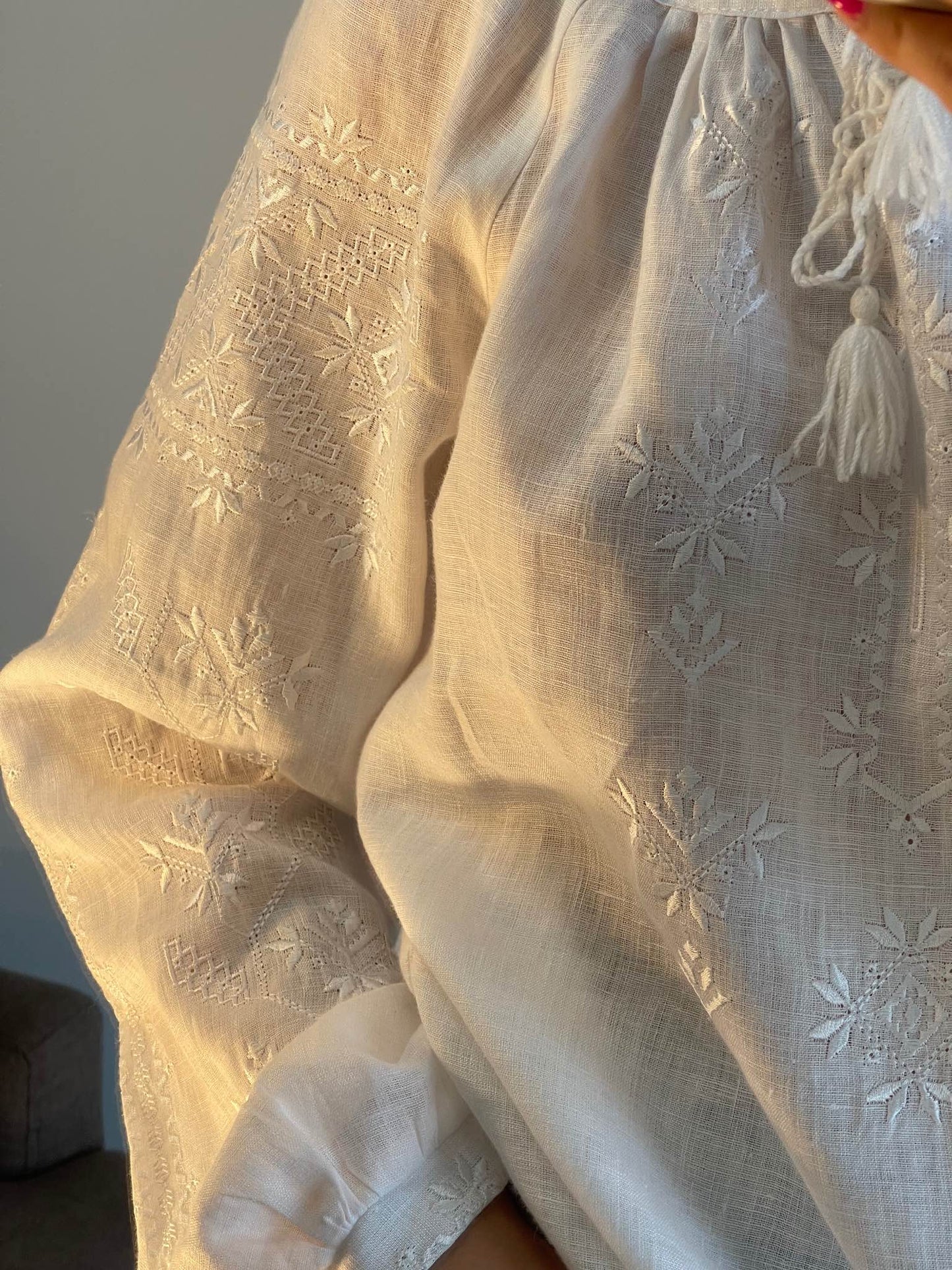 The White Linen Women's Blouse with White Embroidery