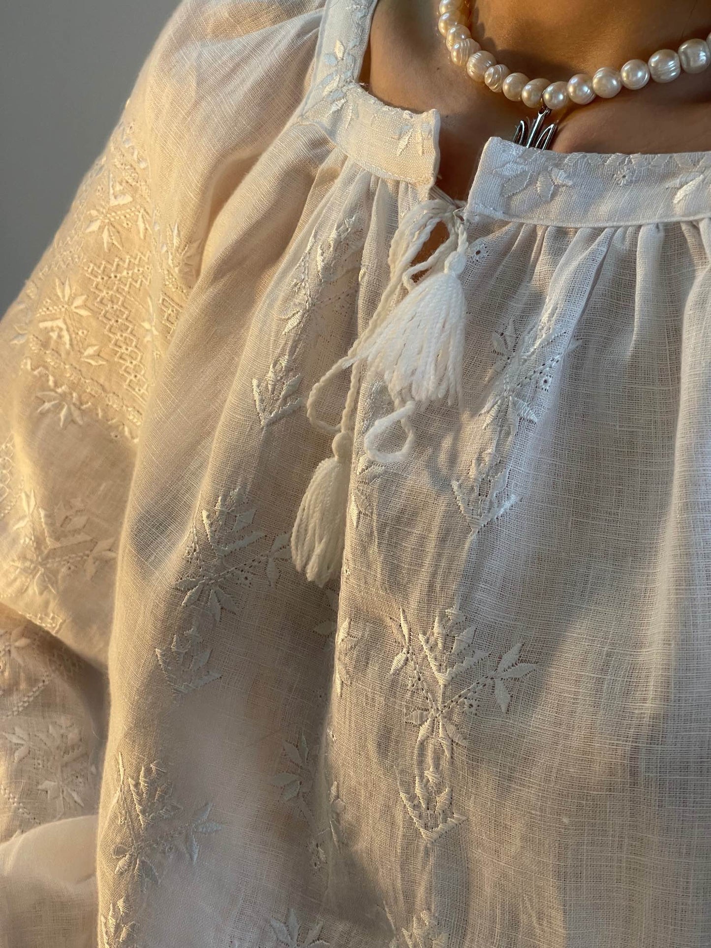 The White Linen Women's Blouse with White Embroidery