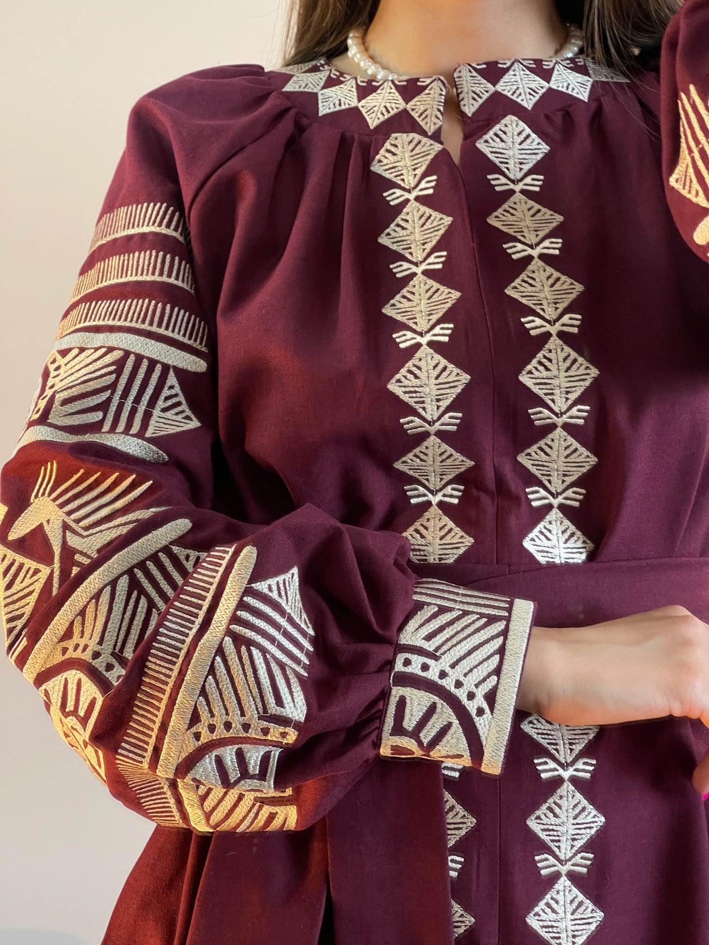 The Long Bordo Dress with White Embroidery