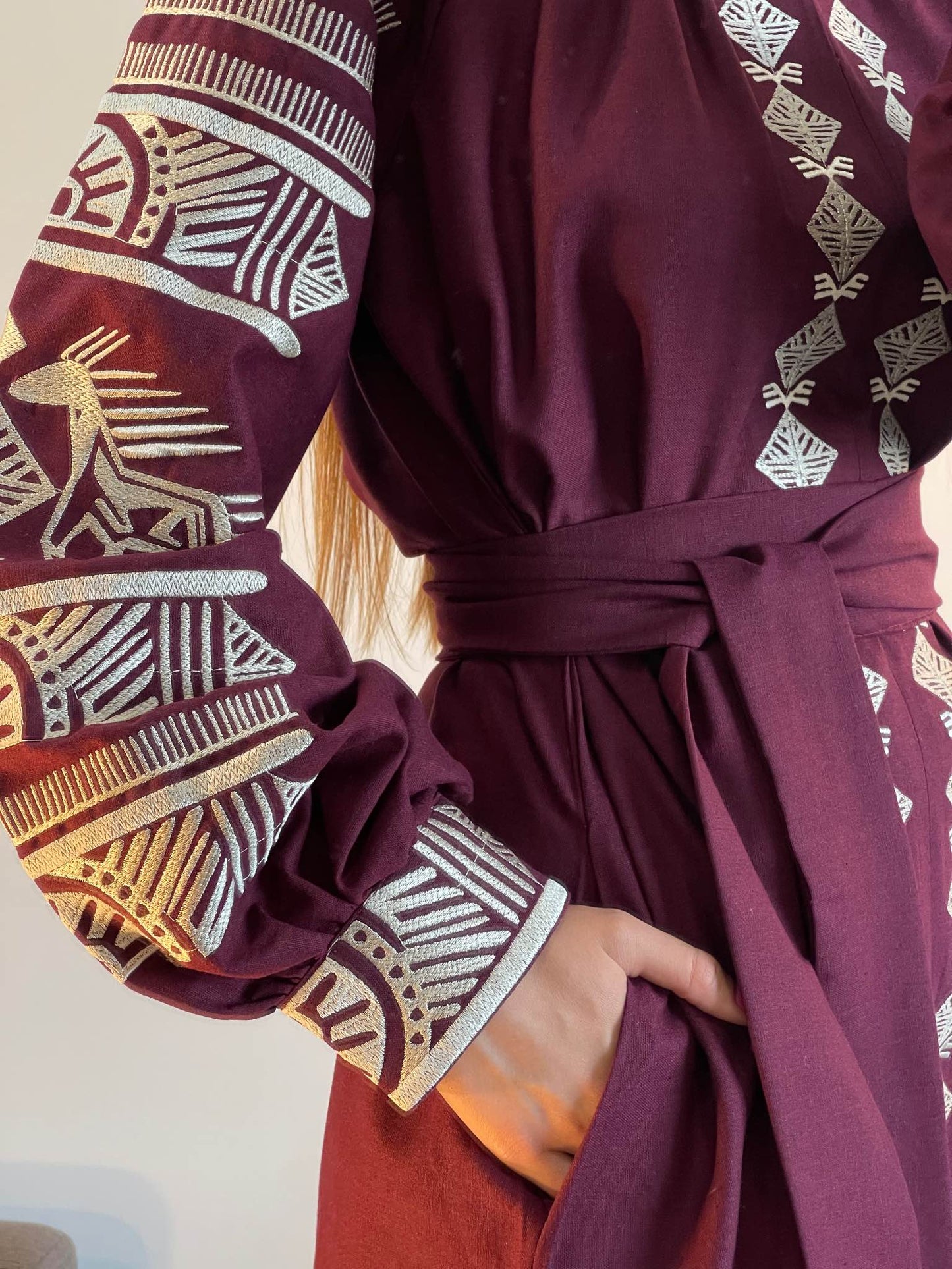 The Long Bordo Dress with White Embroidery