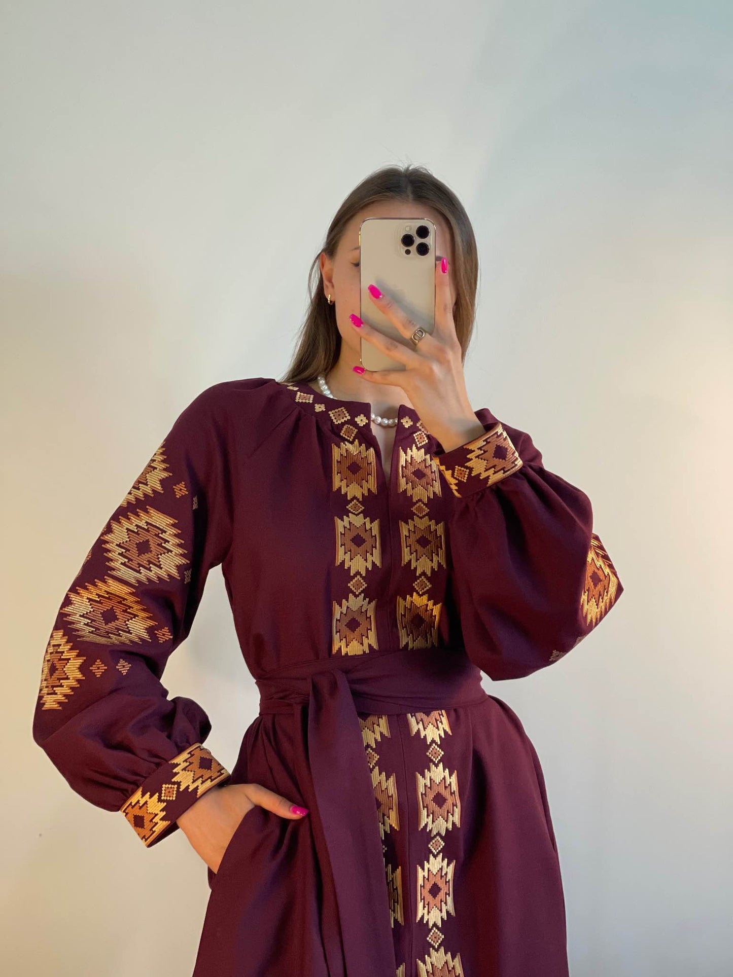 The Long Bordo Dress with Orange Embroidery