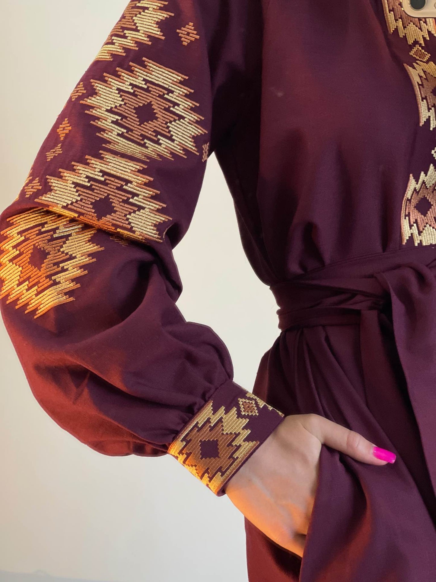 The Long Bordo Dress with Orange Embroidery