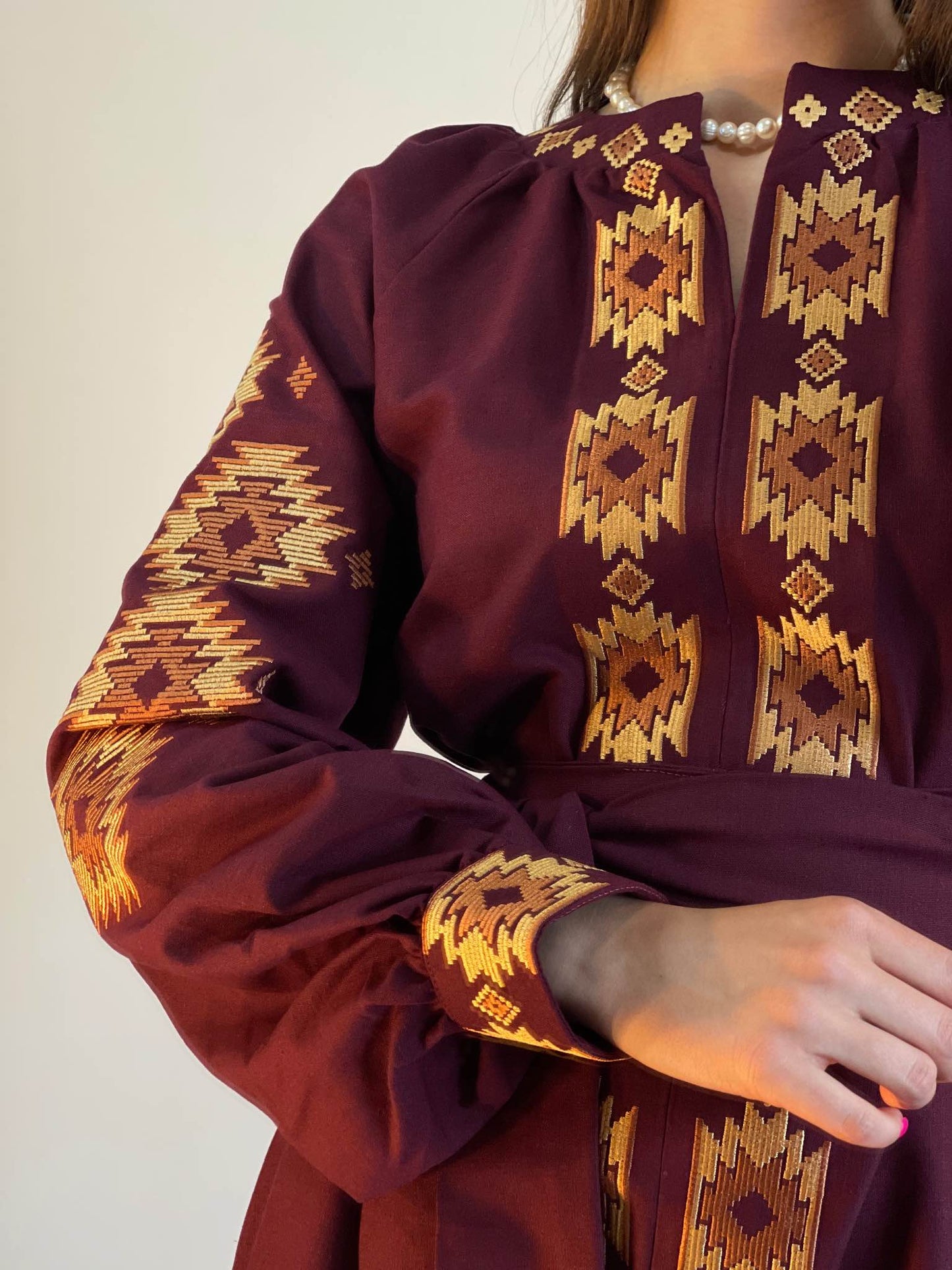 The Long Bordo Dress with Orange Embroidery