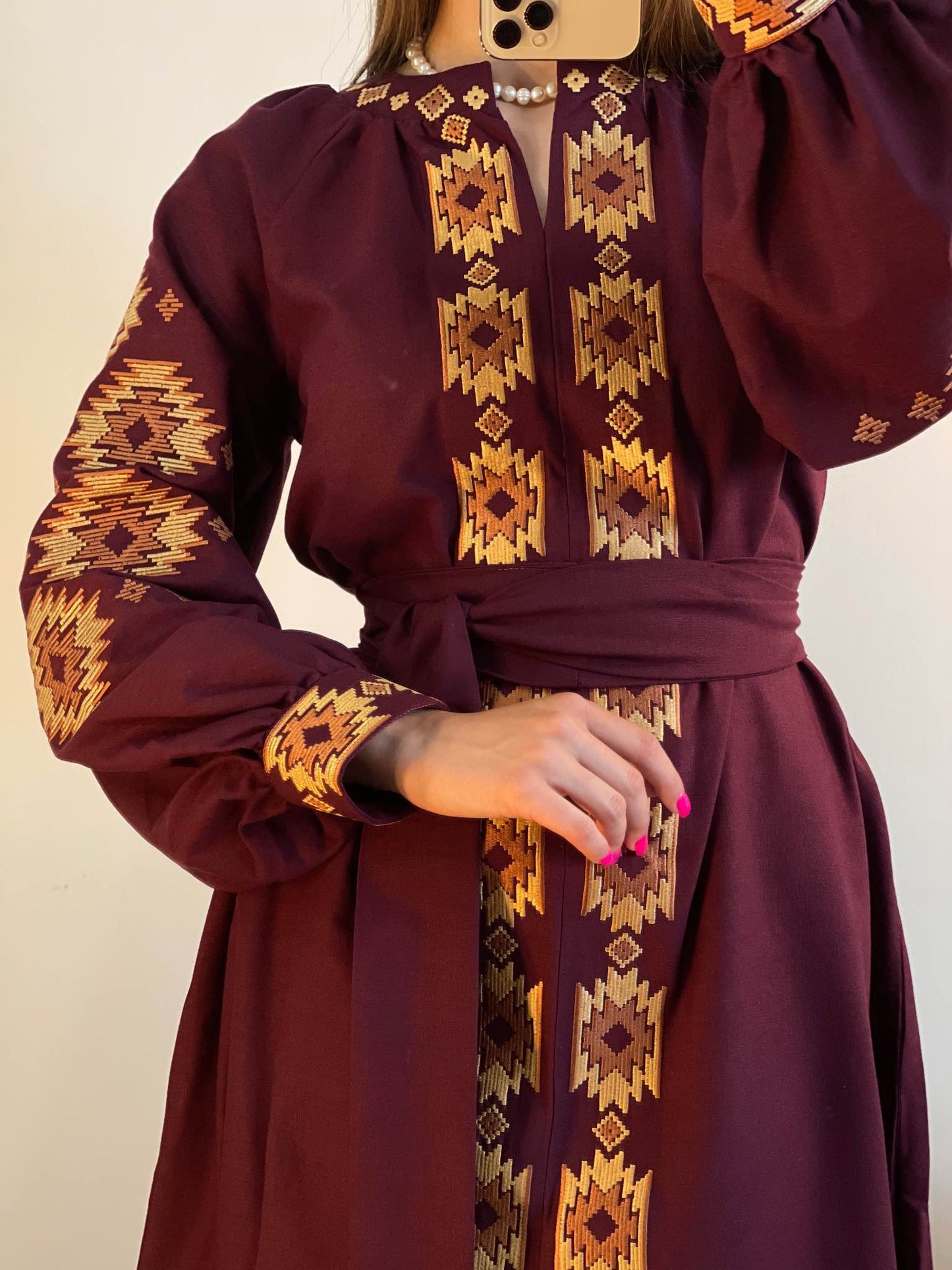 The Long Bordo Dress with Orange Embroidery
