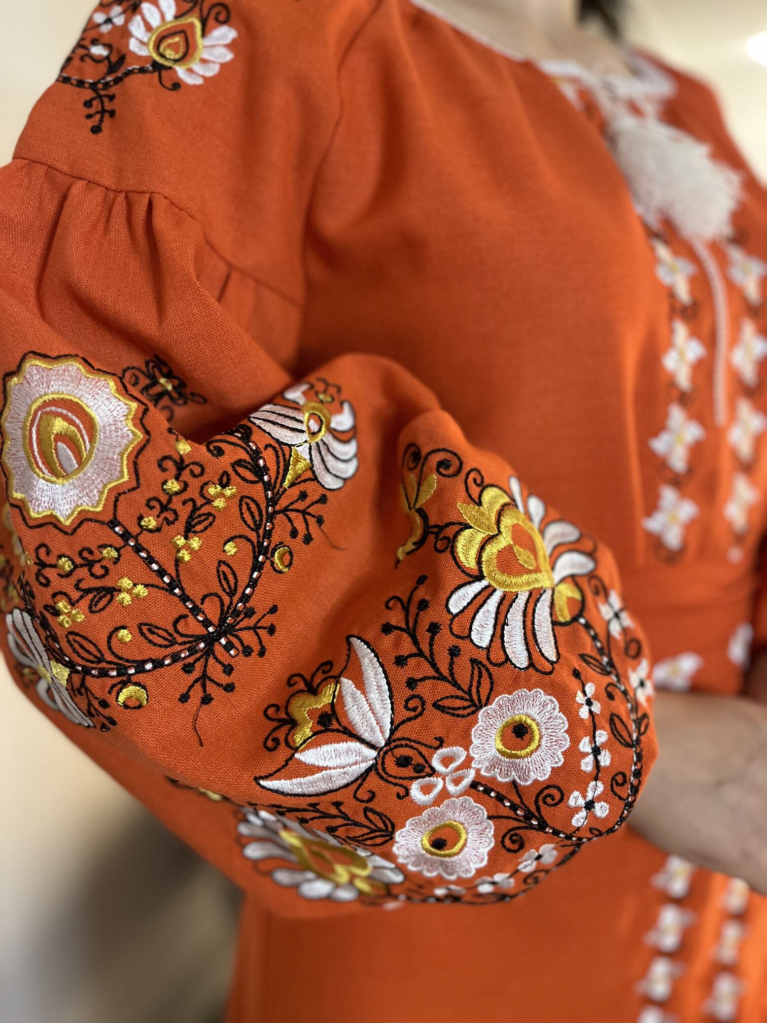 Amber Symphony: The Striking Orange Ukrainian Embroidered Dress with Vivid Details - Vatra