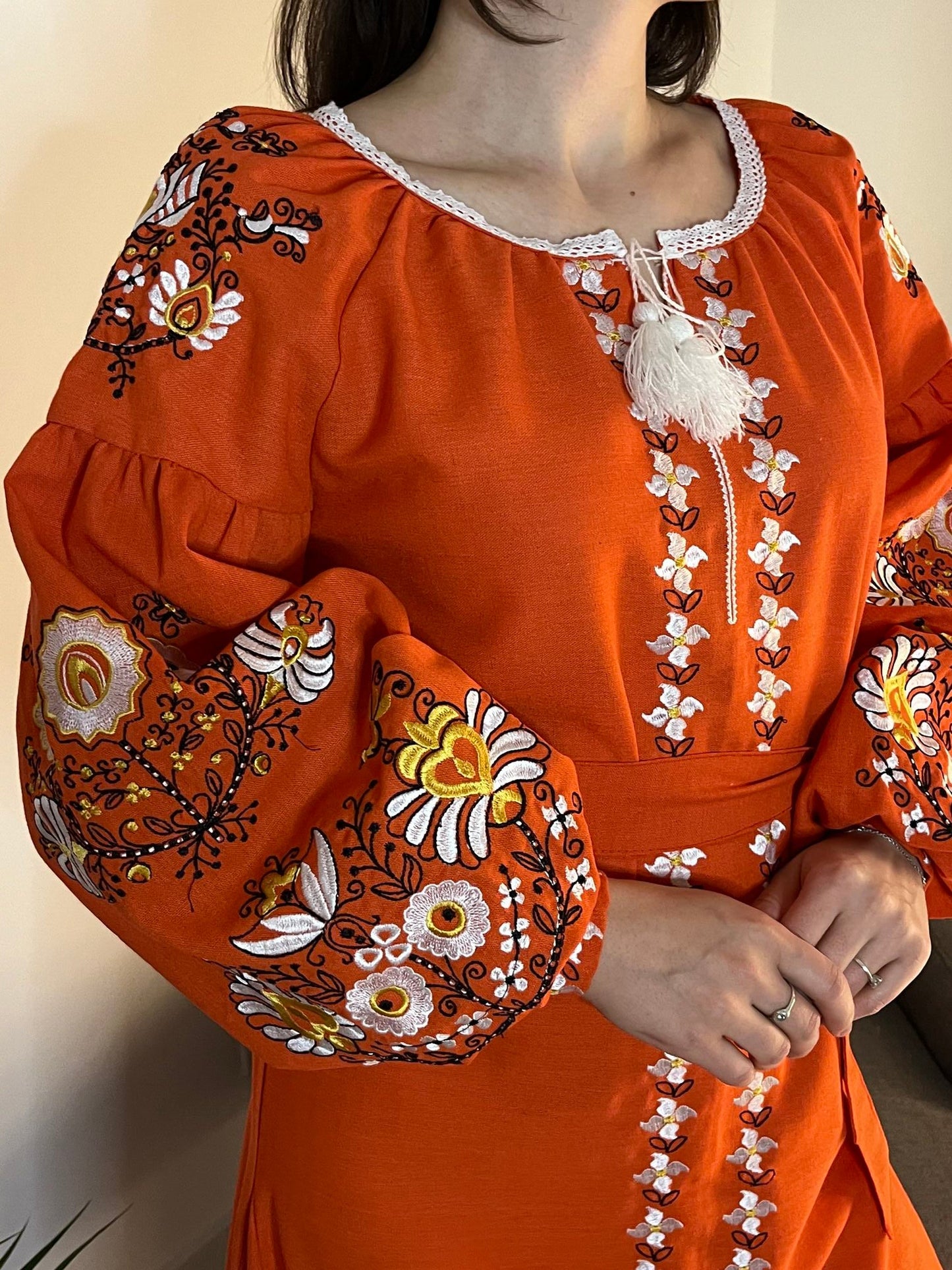 Amber Symphony: The Striking Orange Ukrainian Embroidered Dress with Vivid Details - Vatra