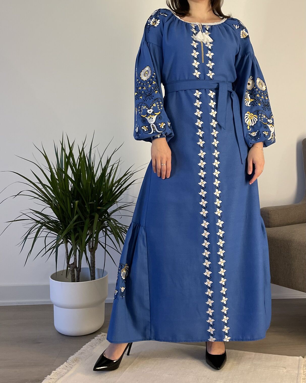 Celestial Canvas: The Inspiring Light Blue Ukrainian Vyshyvanka Dress with Radiant Embroidery - Vatra
