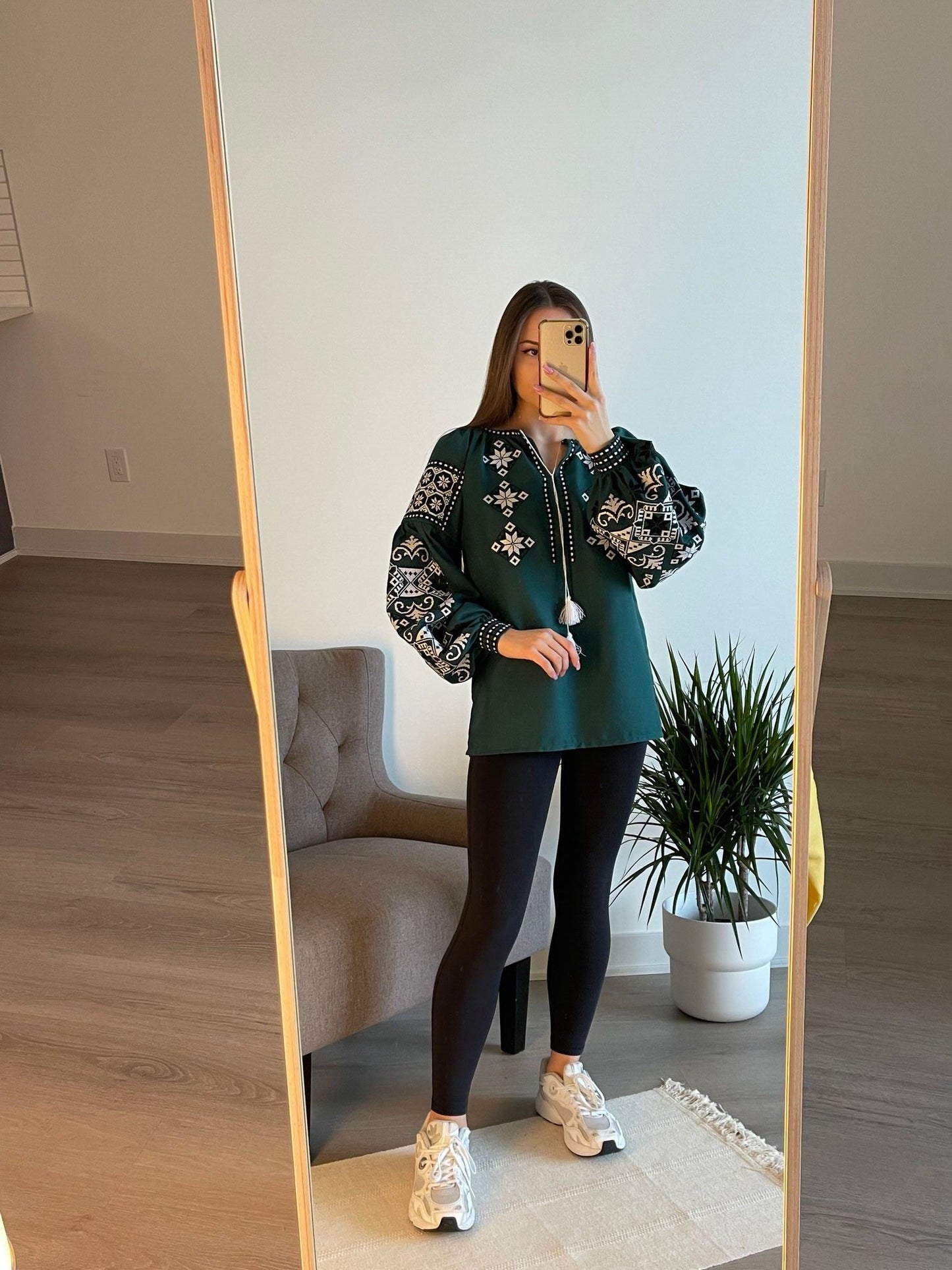 Emerald Fusion: The Chic Dark Green Blouse with White and Black Embroidery - Vatra