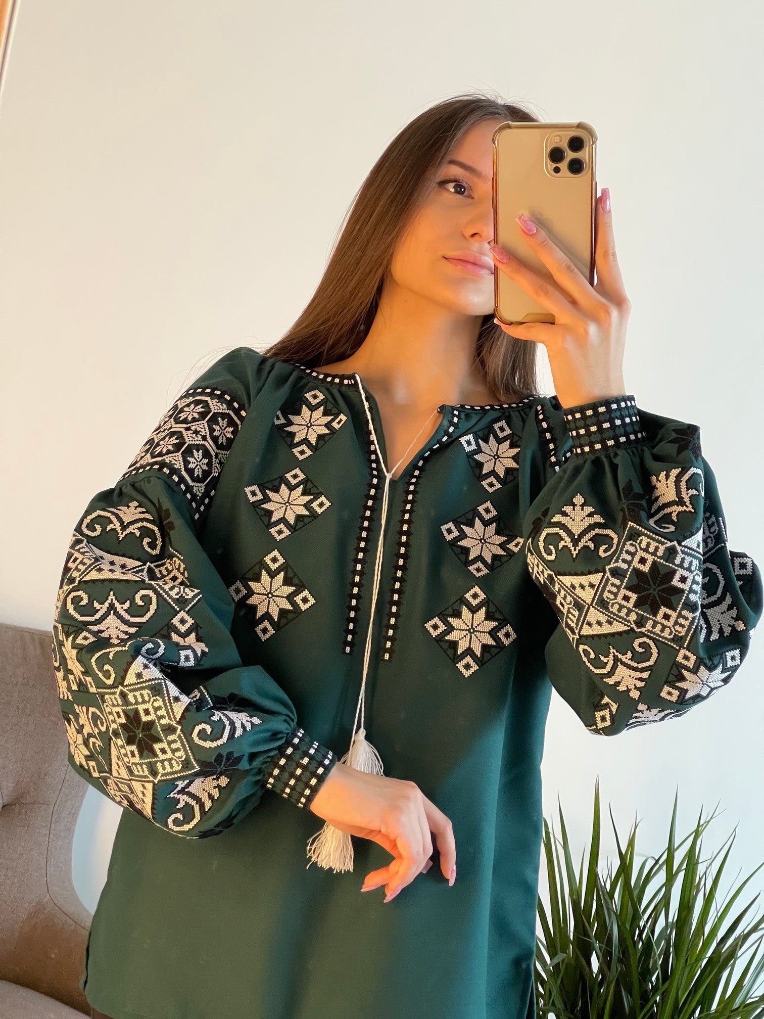 Emerald Fusion: The Chic Dark Green Blouse with White and Black Embroidery - Vatra