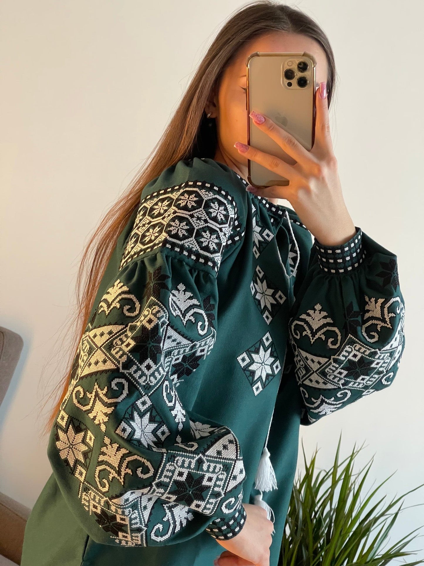 Emerald Fusion: The Chic Dark Green Blouse with White and Black Embroidery - Vatra