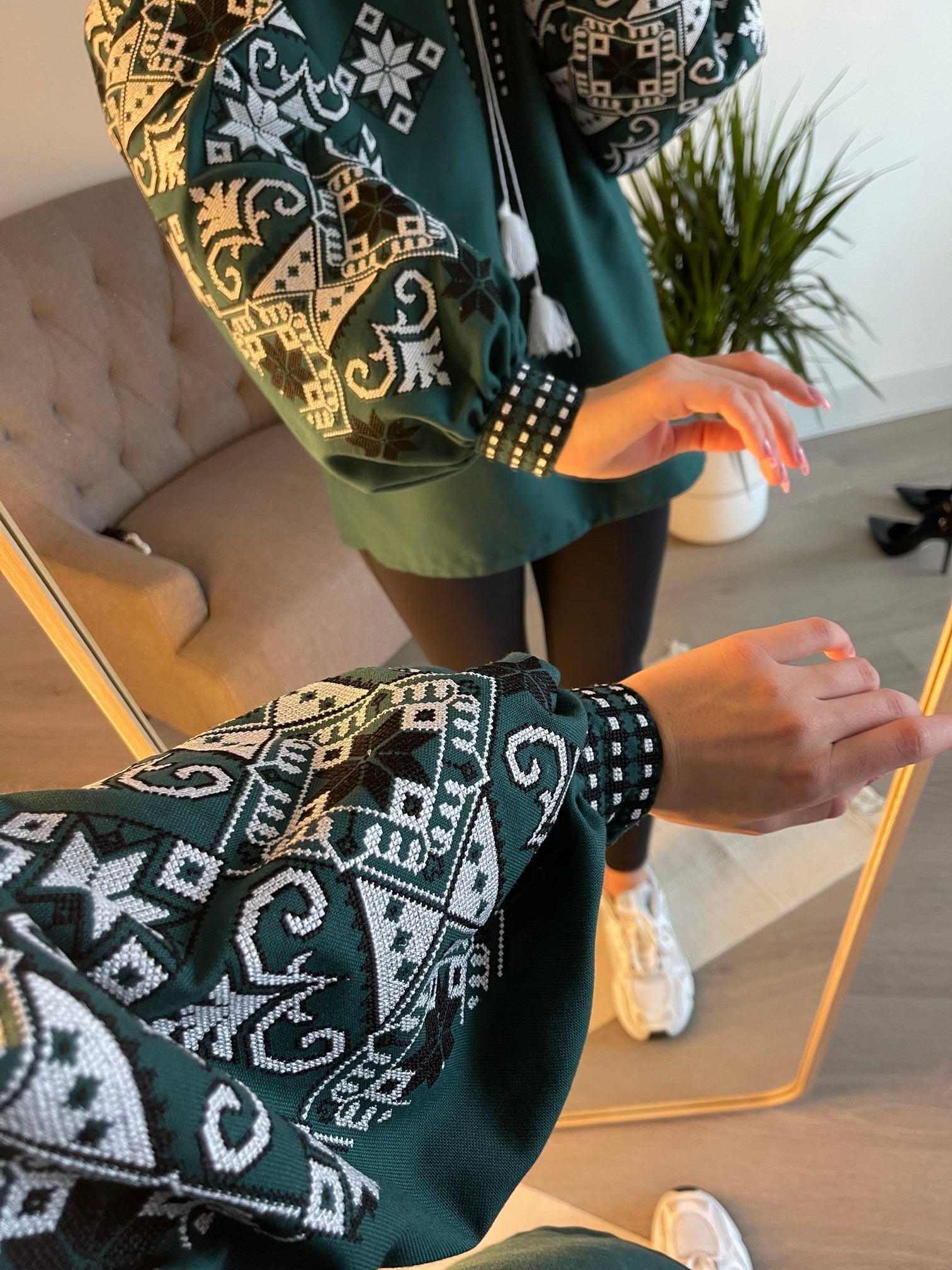 Emerald Fusion: The Chic Dark Green Blouse with White and Black Embroidery - Vatra
