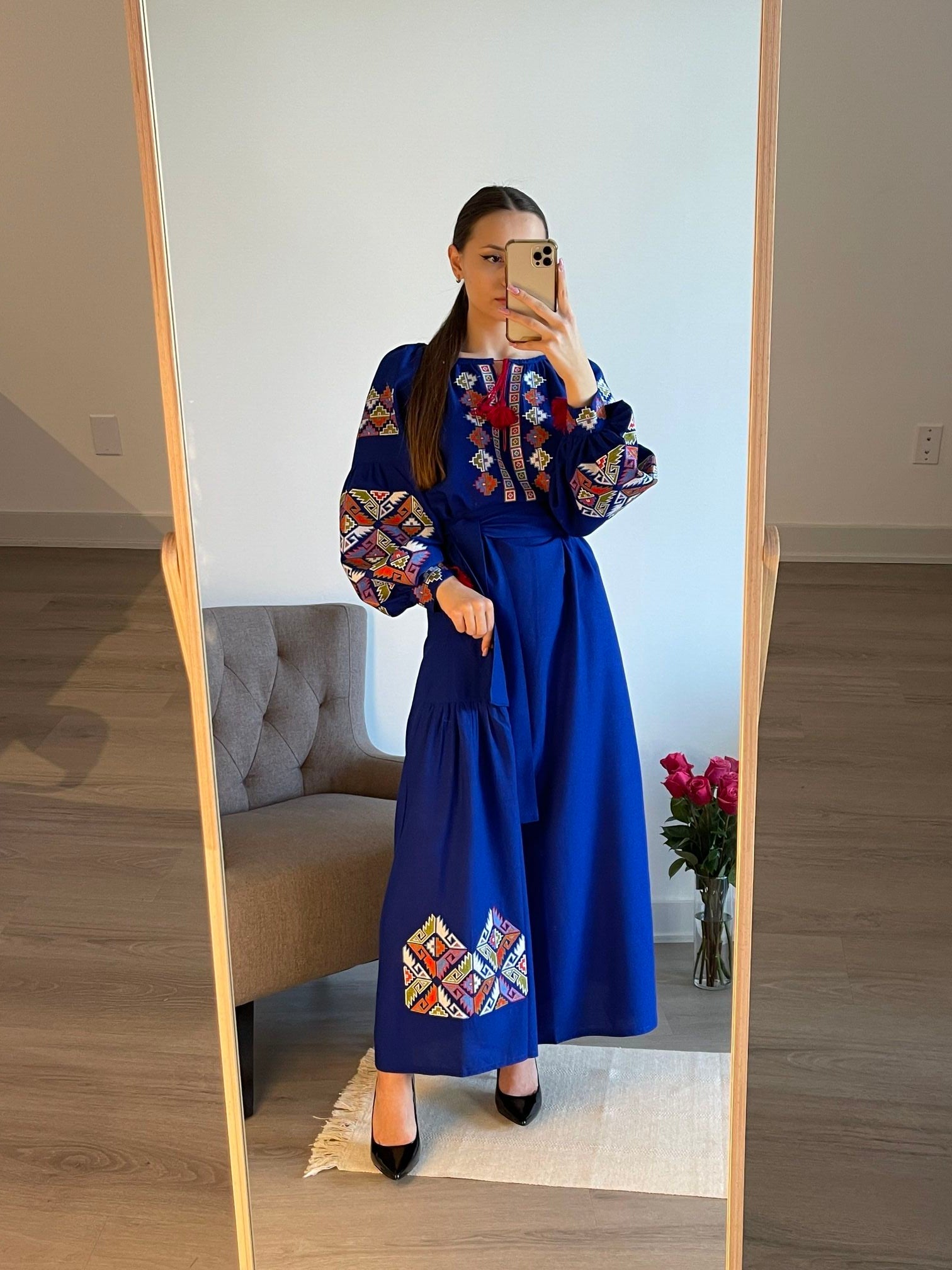 Enchanted Azure: The Mesmerizing Ultramarine Blue Ukrainian Vyshyvanka Dress - Vatra