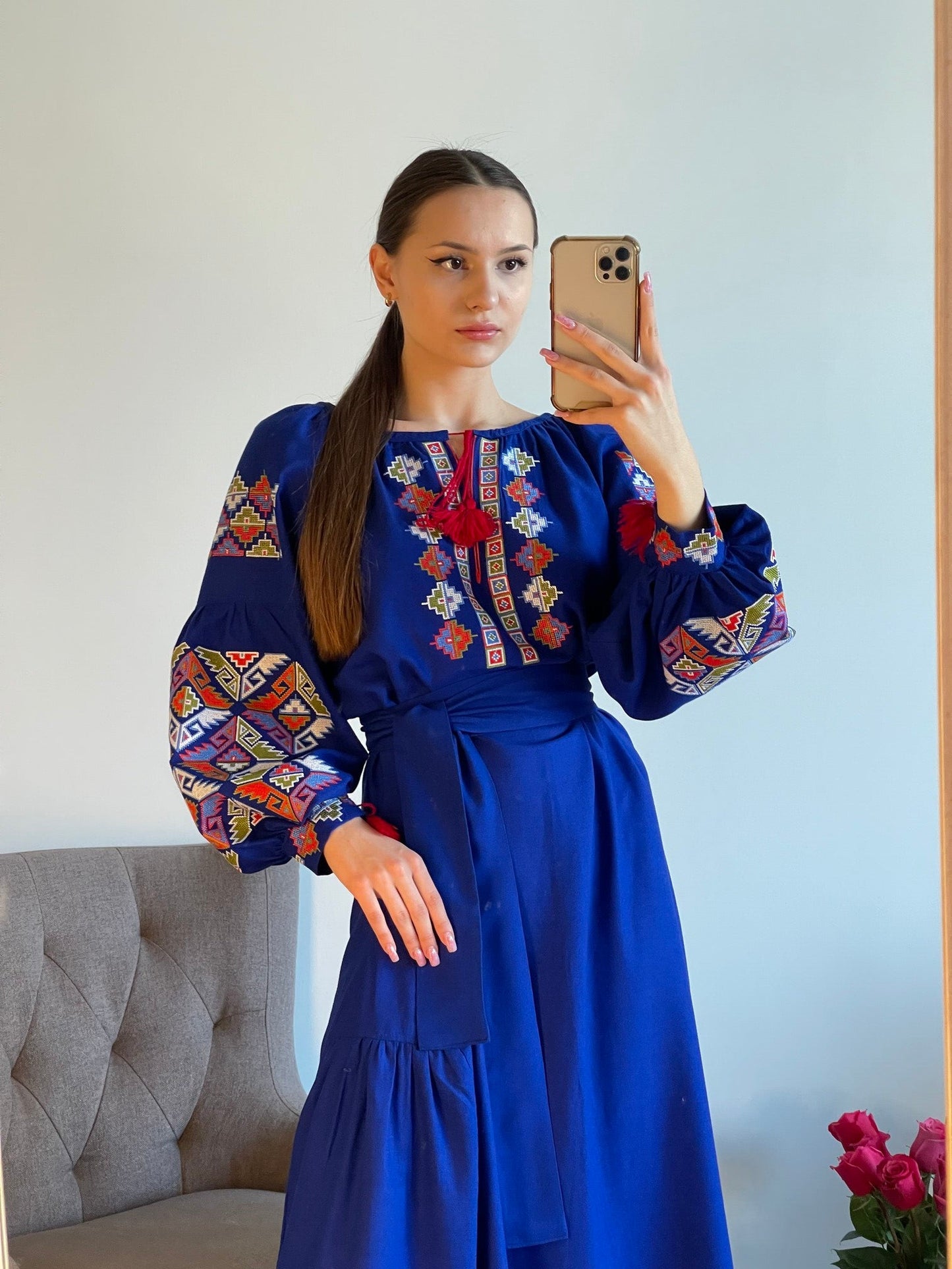 Enchanted Azure: The Mesmerizing Ultramarine Blue Ukrainian Vyshyvanka Dress - Vatra