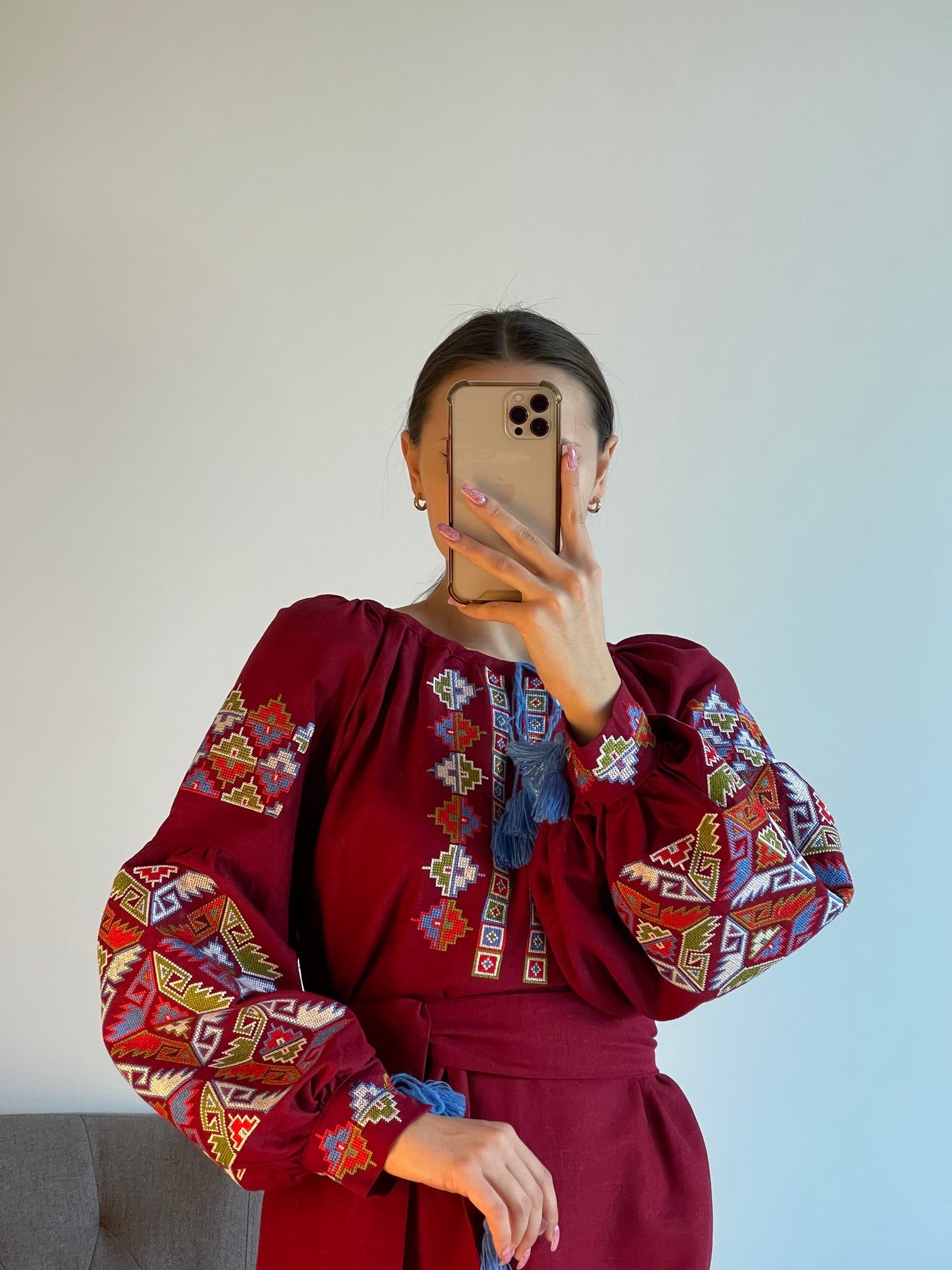 Radiant Ruby: The Long Red-Burgundy Ukrainian Vyshyvanka Dress (Жіноча Вишиванка)
