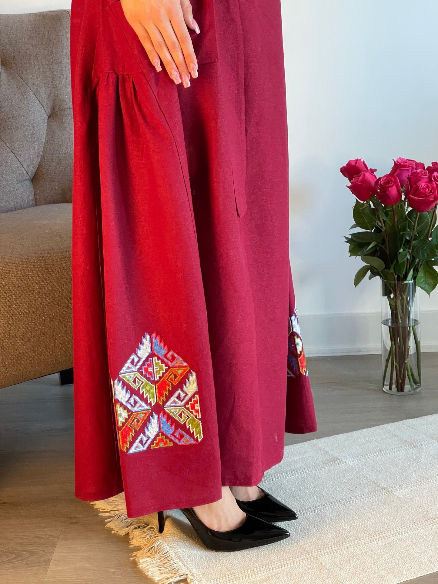 Radiant Ruby: The Long Red-Burgundy Ukrainian Vyshyvanka Dress (Жіноча Вишиванка)