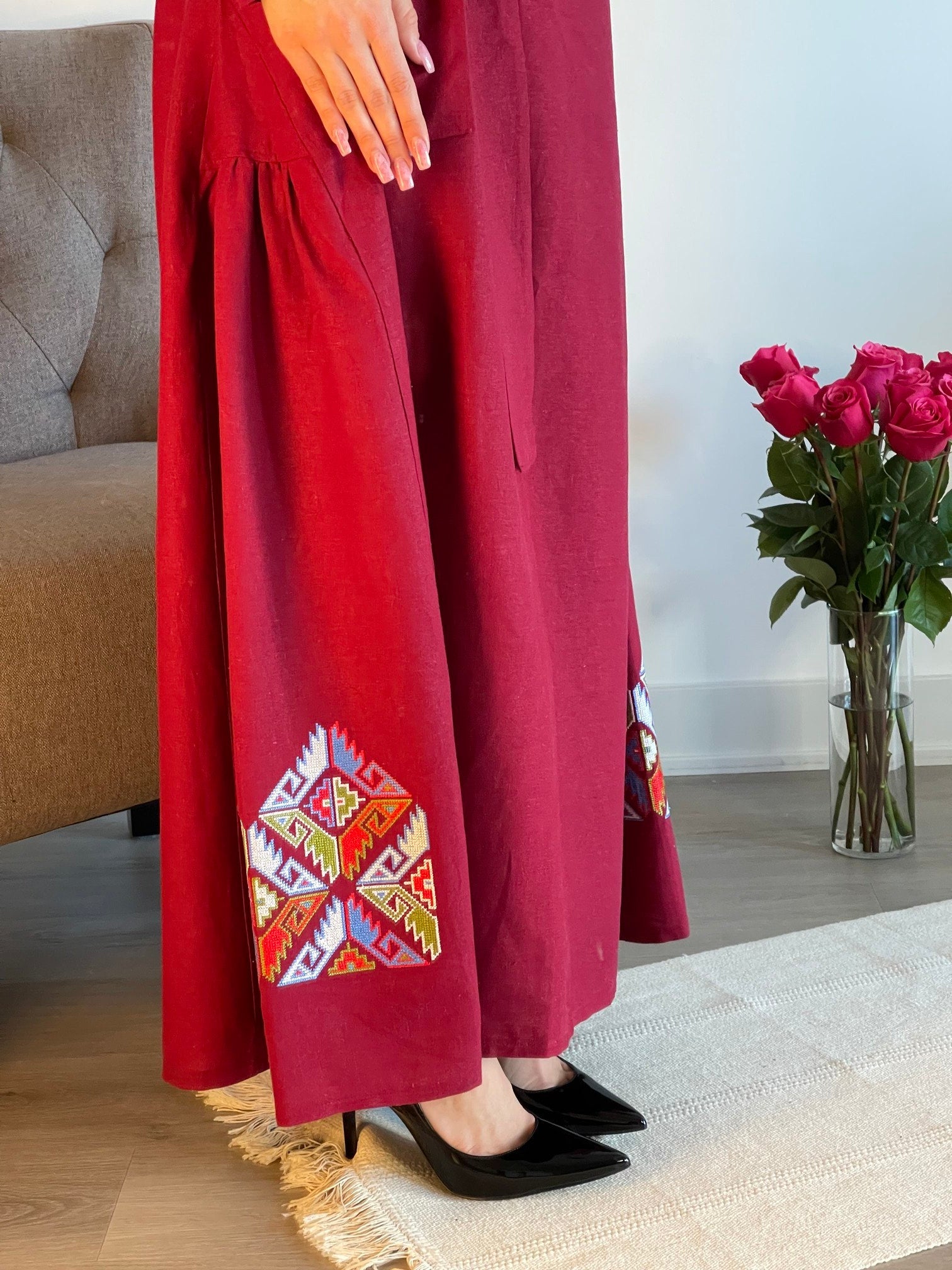 Radiant Ruby: The Long Red-Burgundy Ukrainian Vyshyvanka Dress (Жіноча Вишиванка)