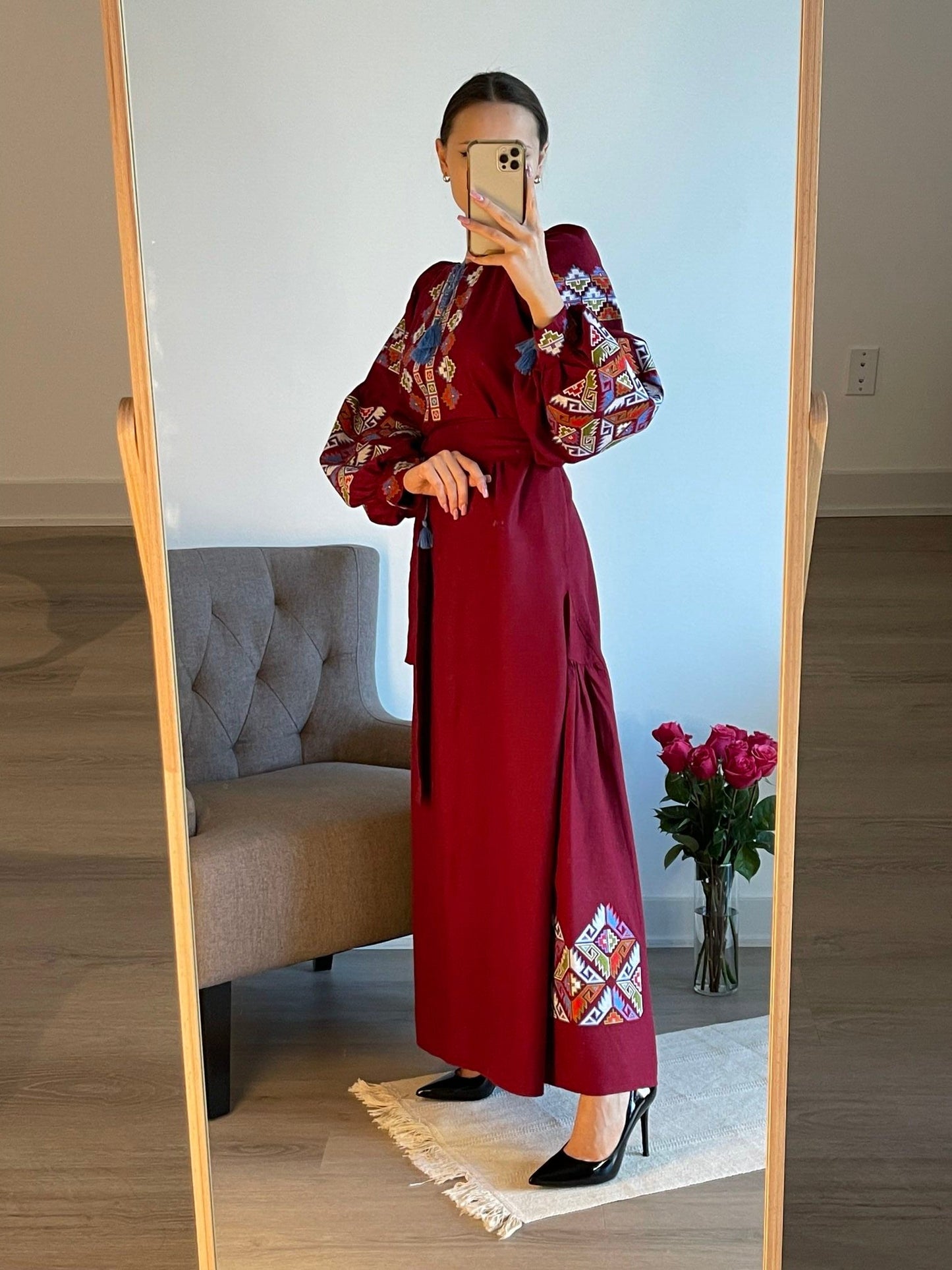 Radiant Ruby: The Long Red-Burgundy Ukrainian Vyshyvanka Dress (Жіноча Вишиванка)