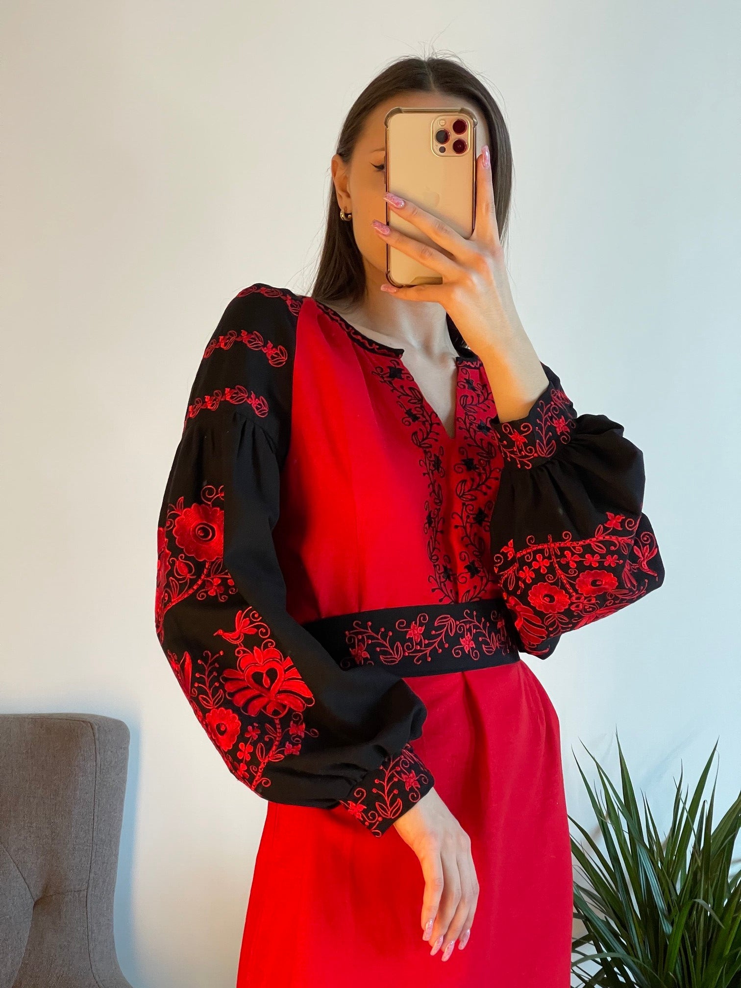 Scarlet Fusion: The Striking Red-Black Ukrainian Vyshyvanka Dress with Belt in Fitted and Straight Styles - Vatra