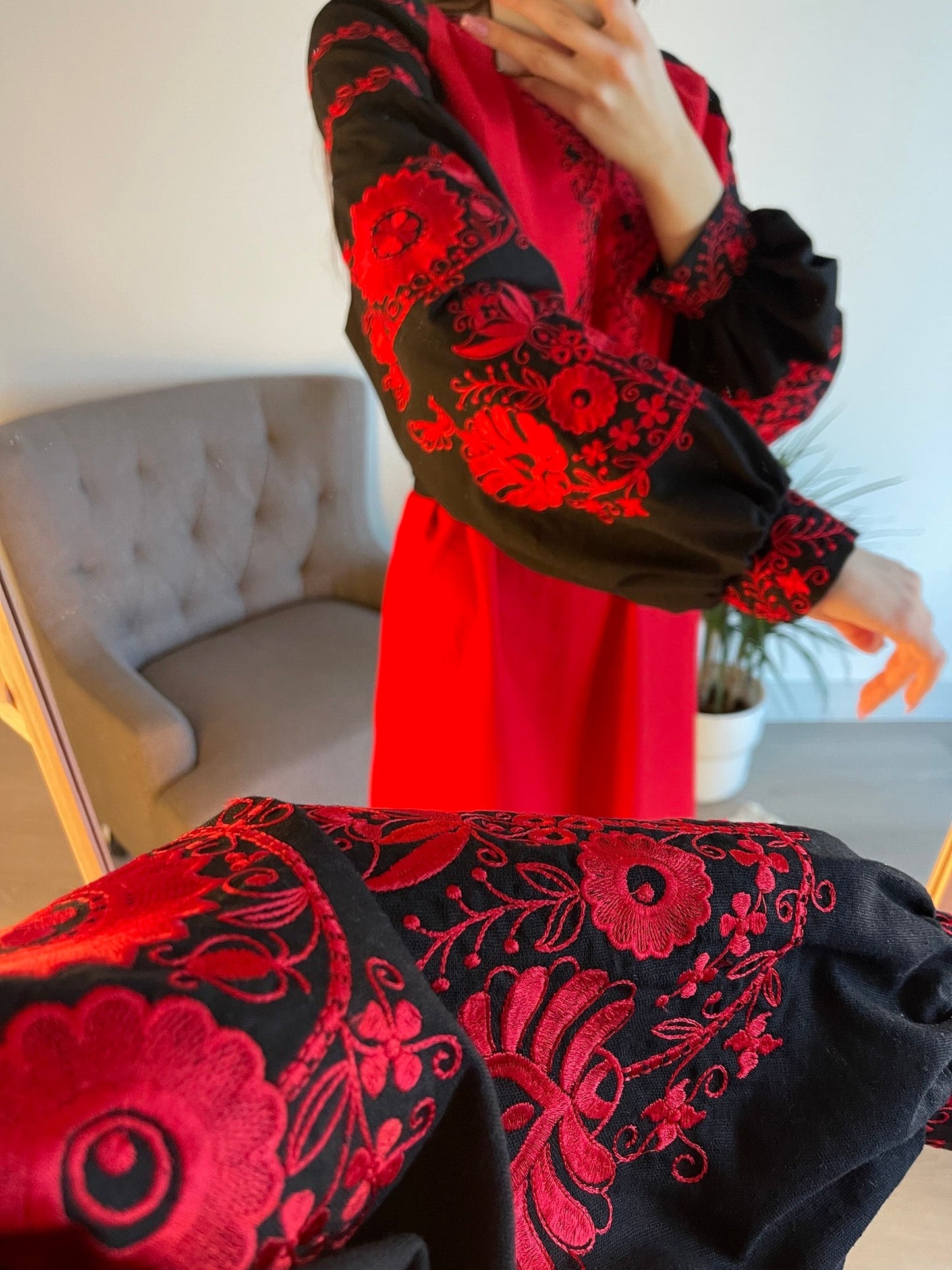 Scarlet Fusion: The Striking Red-Black Ukrainian Vyshyvanka Dress with Belt in Fitted and Straight Styles - Vatra