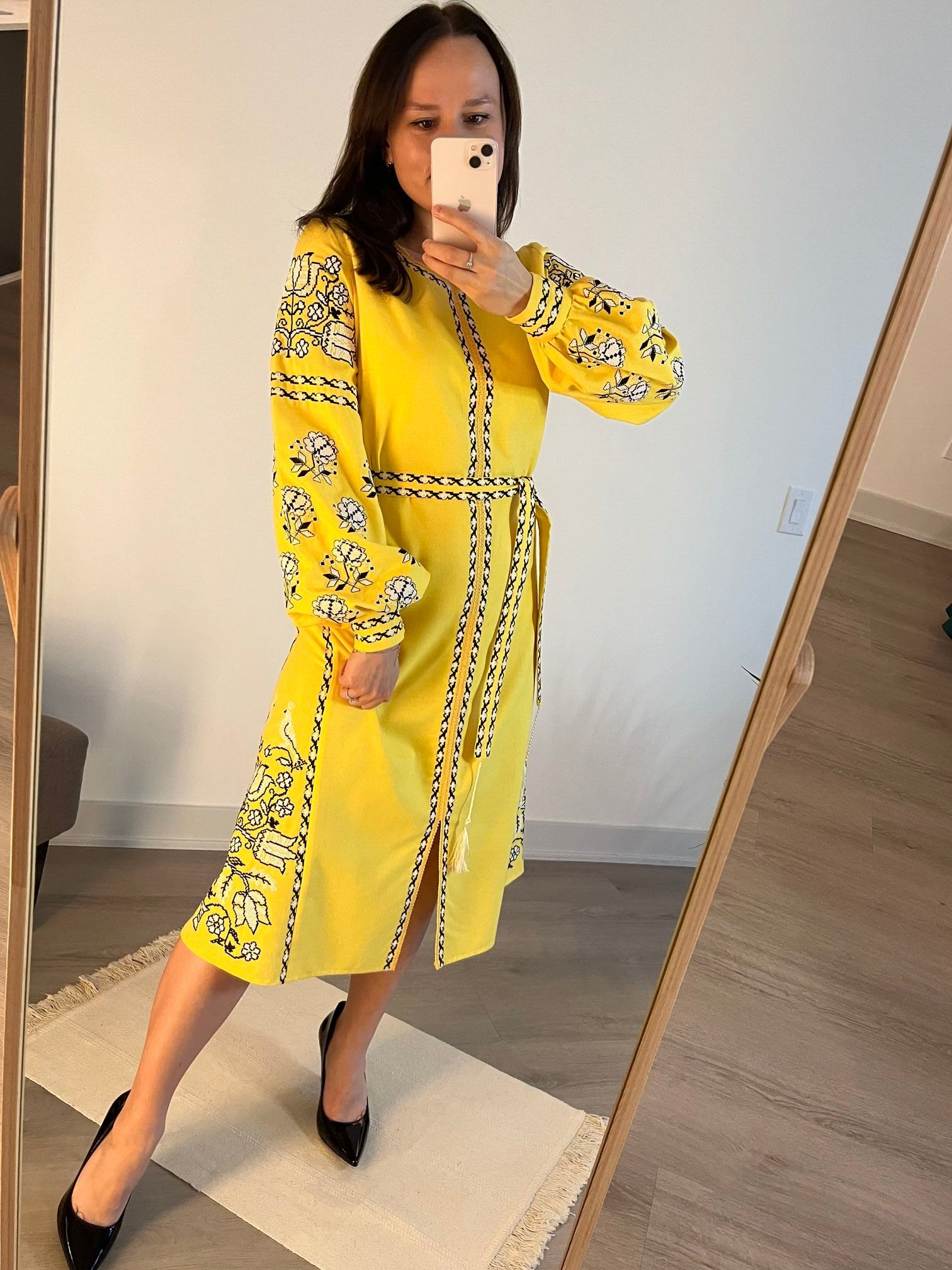 Sunshine Delight: The Radiant Short Yellow Ukrainian Vyshyvanka Dress with Timeless Embroidery - Vatra