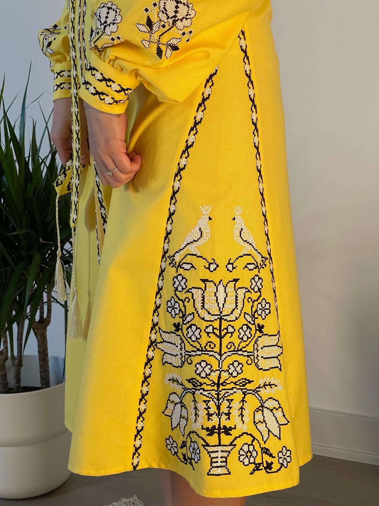 Sunshine Delight: The Radiant Short Yellow Ukrainian Vyshyvanka Dress with Timeless Embroidery - Vatra
