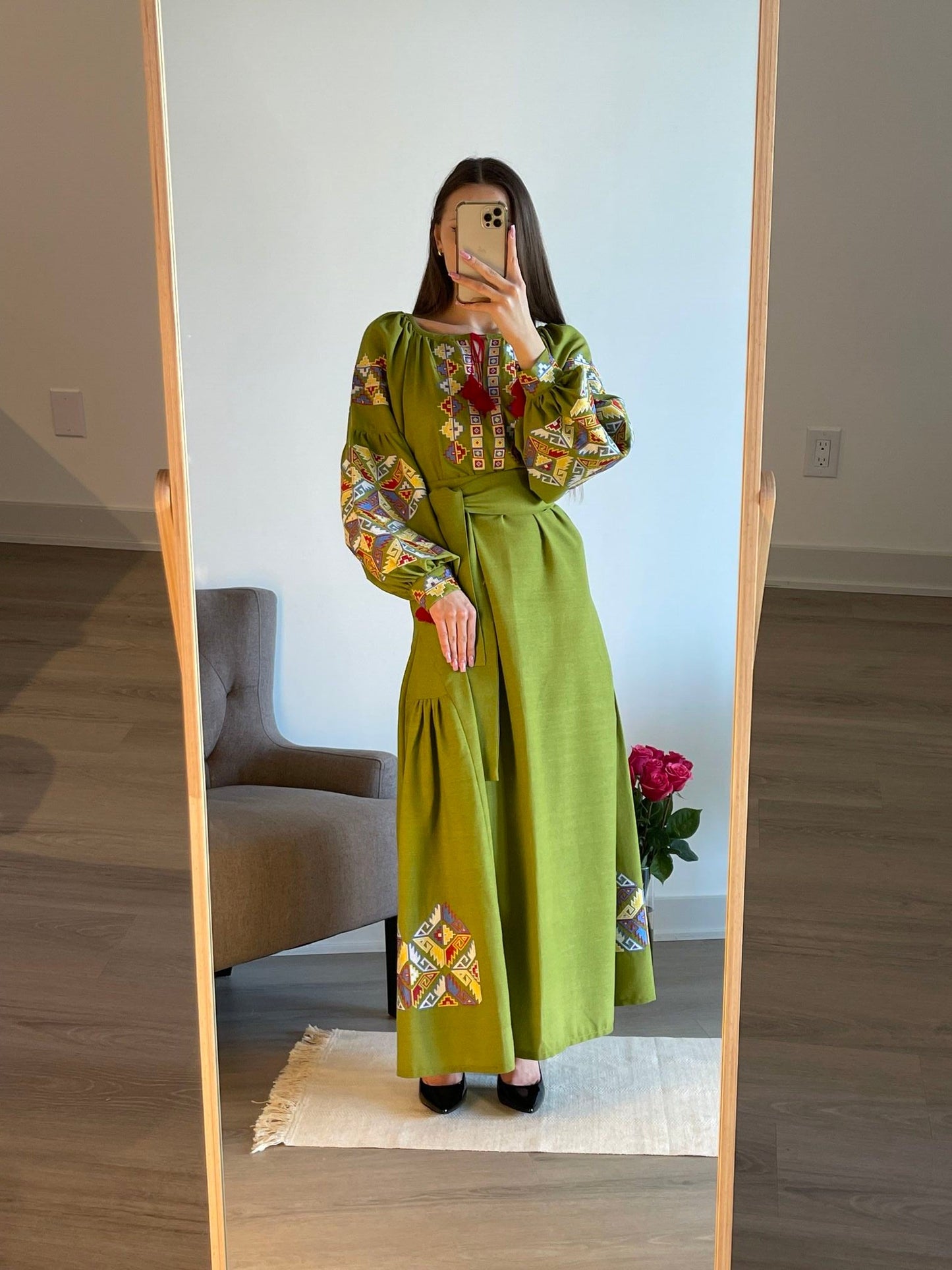 Verdant Harmony: The Whimsical Salad Green Ukrainian Vyshyvanka Dress with Vibrant Embroidery - Vatra