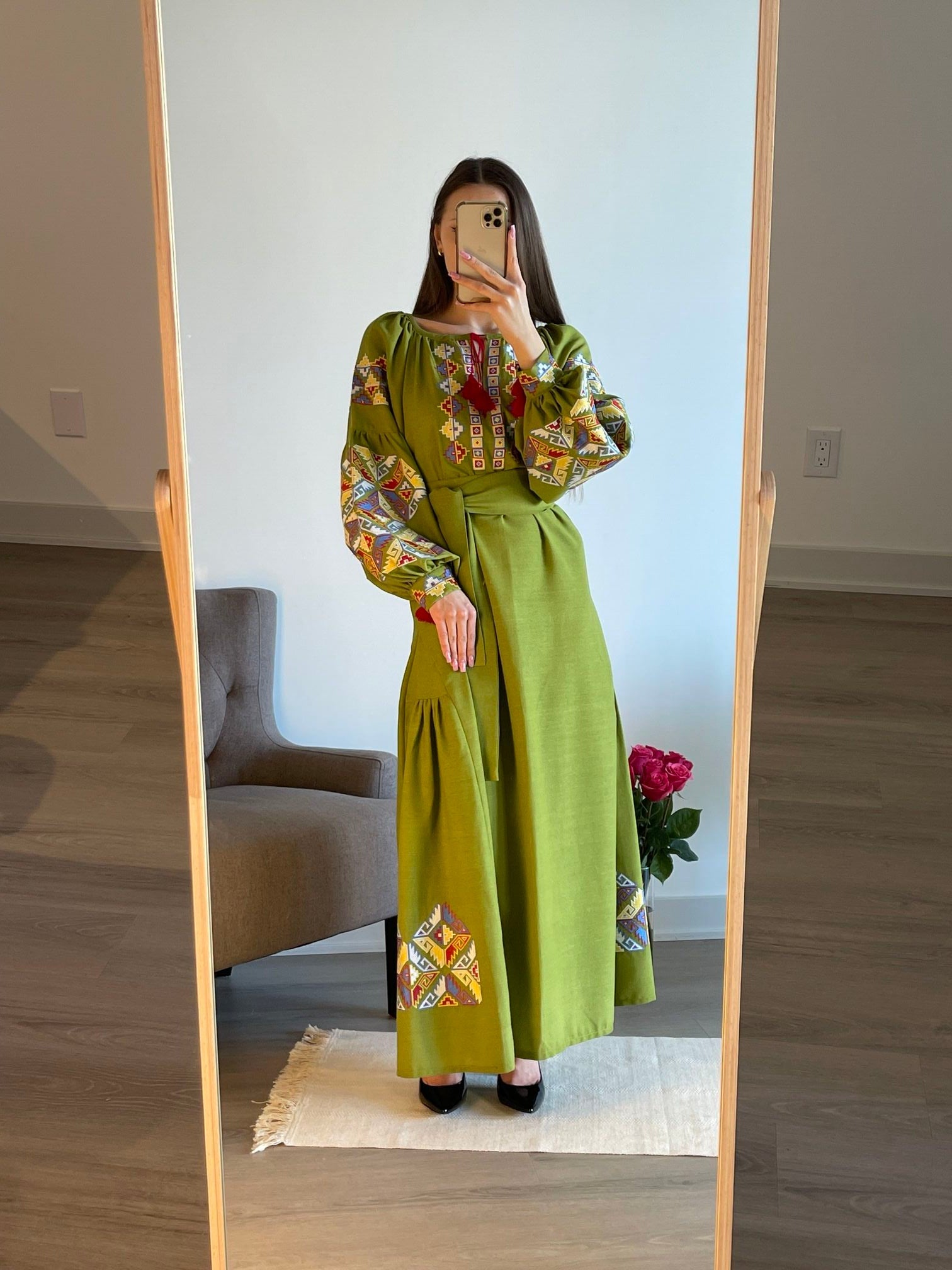 Verdant Harmony: The Whimsical Salad Green Ukrainian Vyshyvanka Dress with Vibrant Embroidery - Vatra