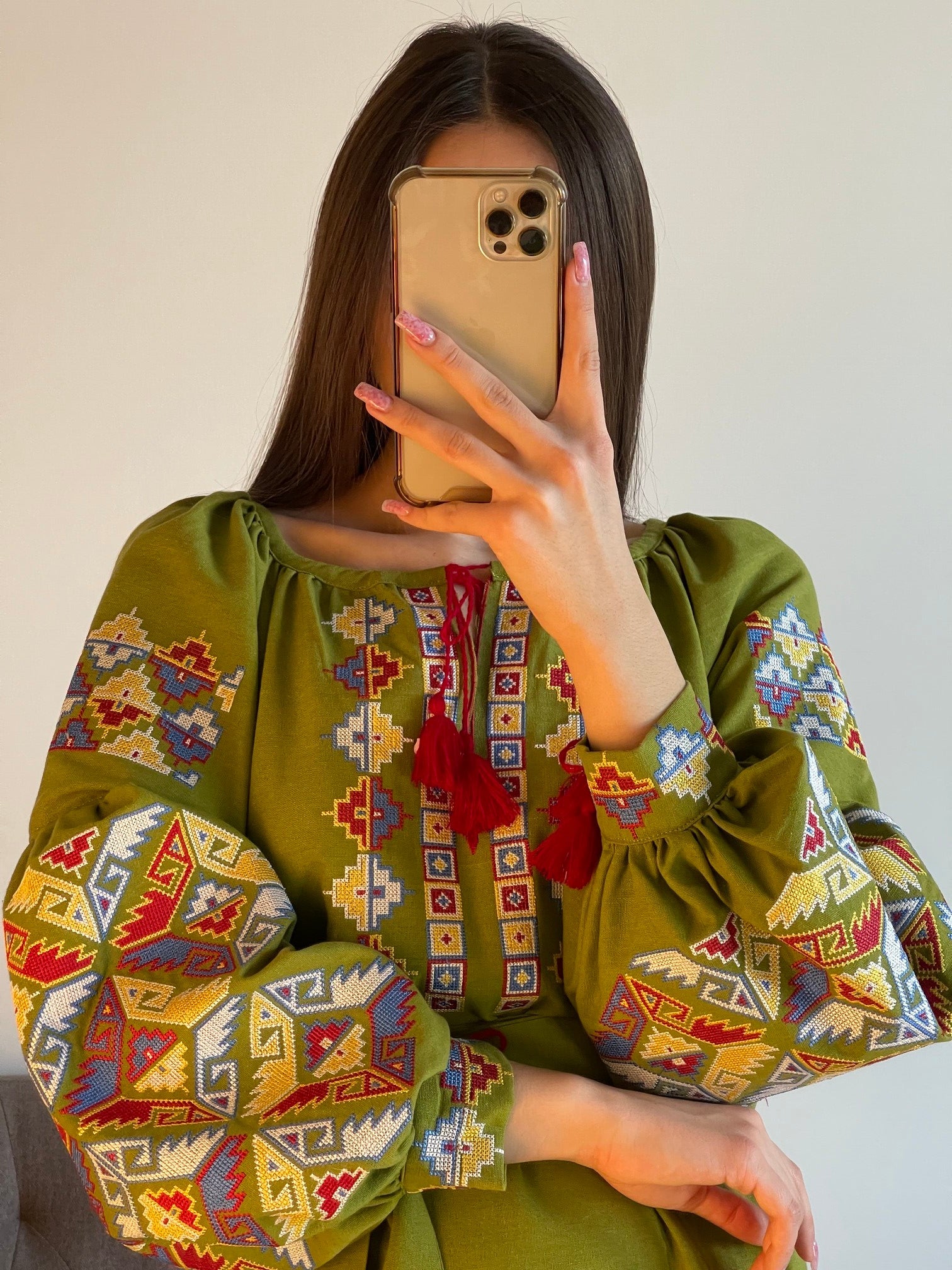 Verdant Harmony: The Whimsical Salad Green Ukrainian Vyshyvanka Dress with Vibrant Embroidery - Vatra