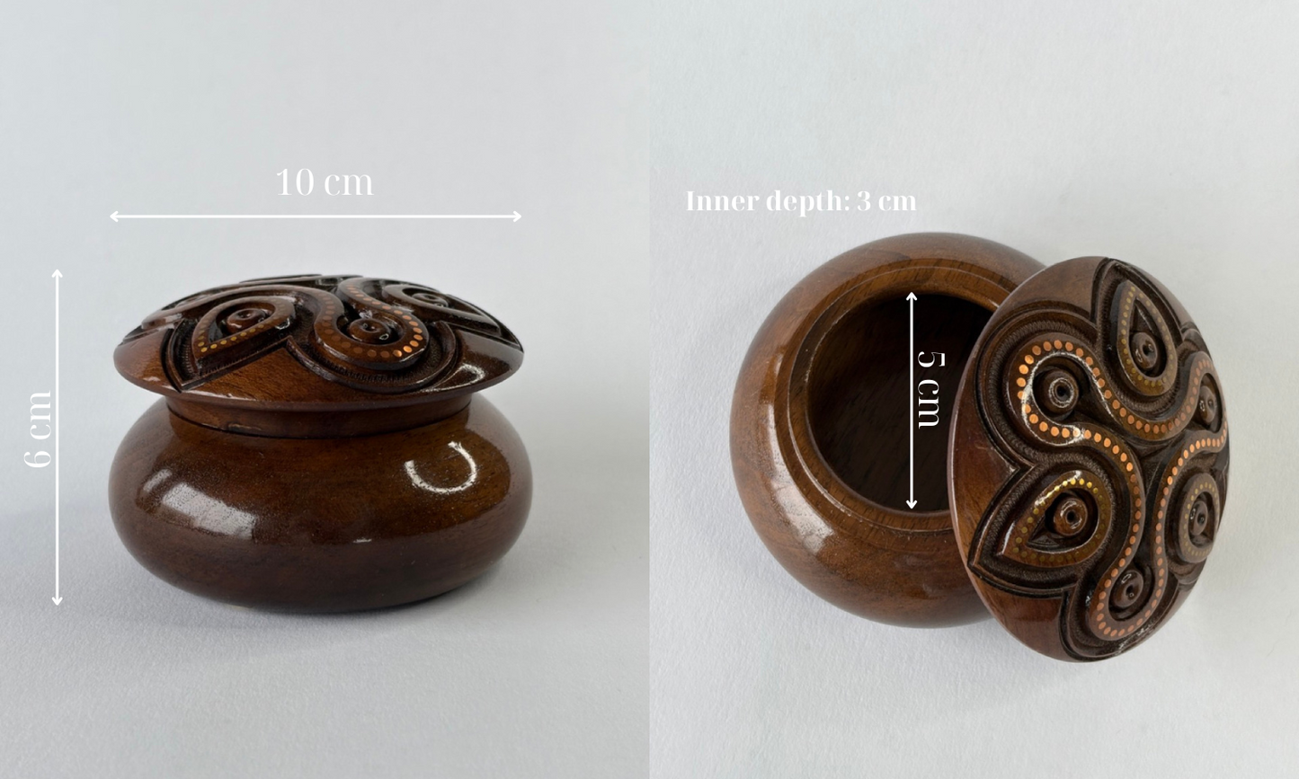 Handmade Dark Round Wooden Box with Carving & Gold Inlay - Pattern 1