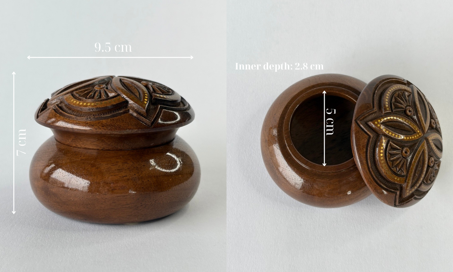 Handmade Dark Round Wooden Box with Carving & Gold Inlay - Pattern 2