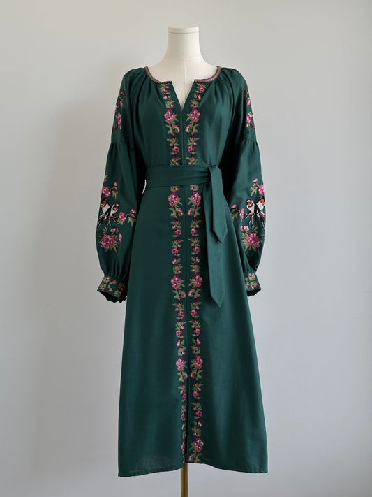 Long Dark Green Embroidered Dress with Pink Flowers and Swallows