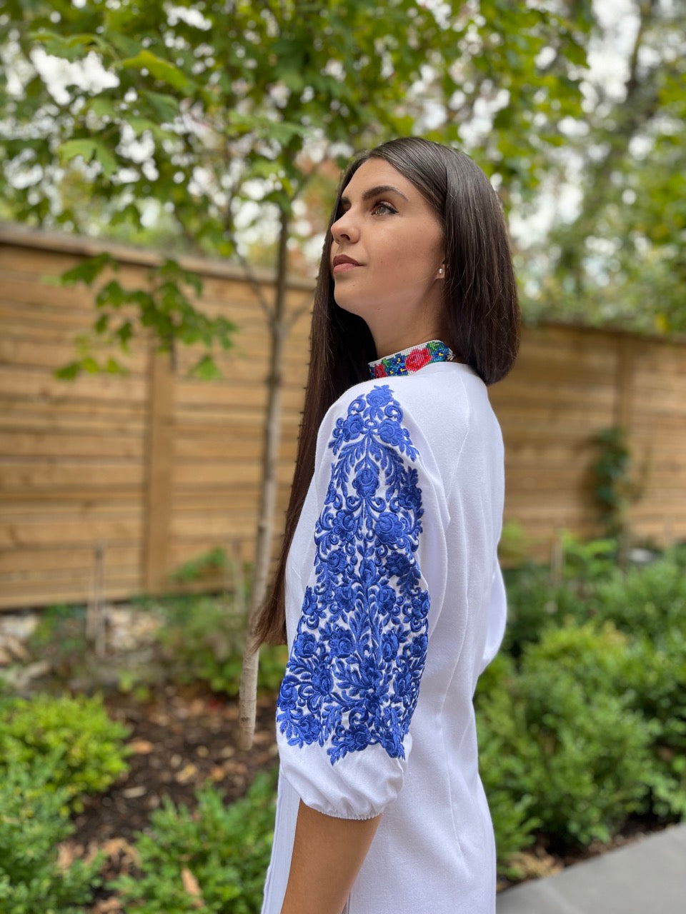 The Long White Ukrainian Dress with Floral Embroidery