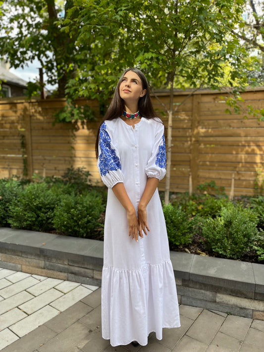 The Long White Ukrainian Dress with Floral Embroidery