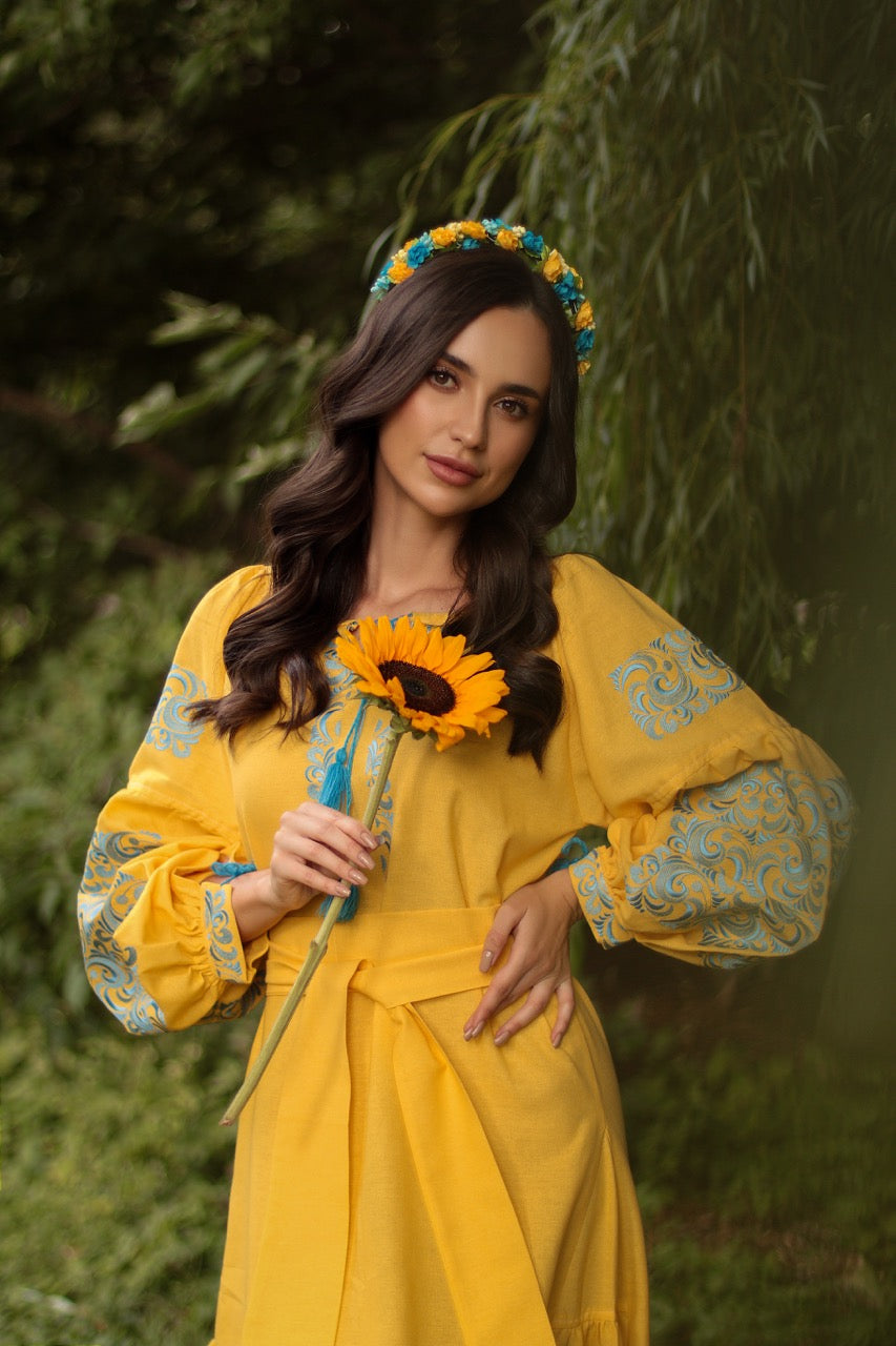 The Long Yellow Dress with Blue Embroidery