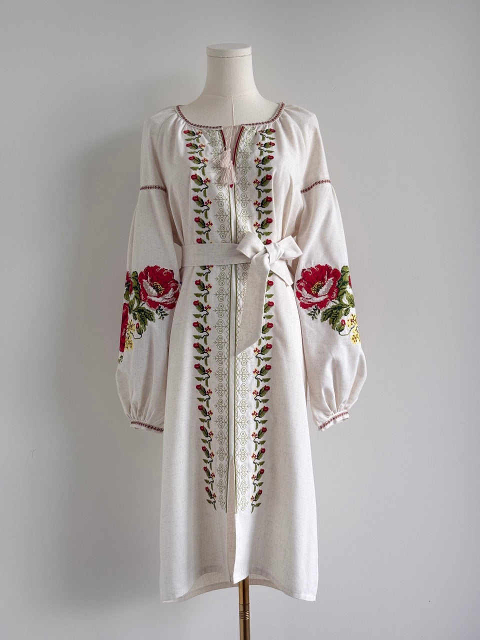 Linen Embroidered Midi Dress with Flowers