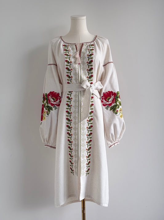 Linen Embroidered Midi Dress with Flowers