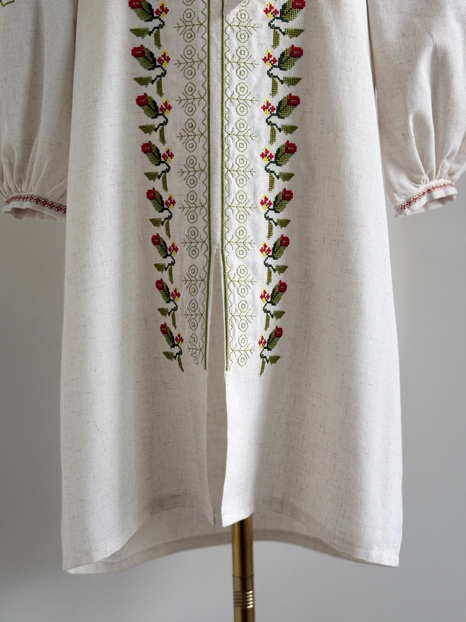 Linen Embroidered Midi Dress with Flowers