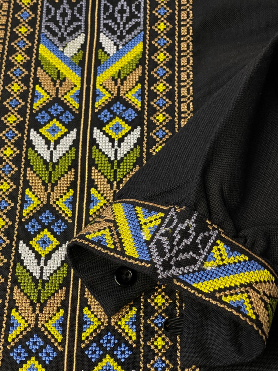 Black Men's Vyshyvanka Embroidered with Ukrainian Symbol and Flag