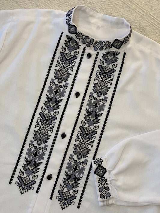 White Men's Ukrainian Vyshyvanka with Grey Embroidery