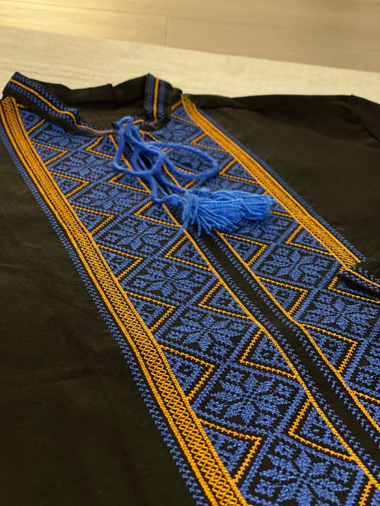 Long Sleeve Black Vyshyvanka Shirt with Blue and Yellow Embroidery