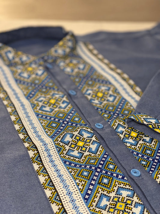 Blue Men's Vyshyvanka with Hand Embroidery