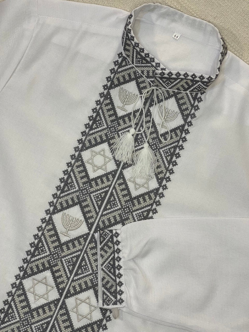 White Men's Embroidered Shirt with Jewish Symbols
