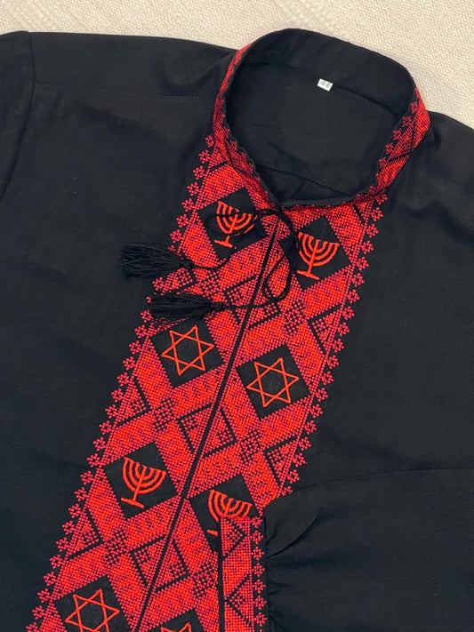 Black Men's Embroidered Shirt with Jewish Symbols