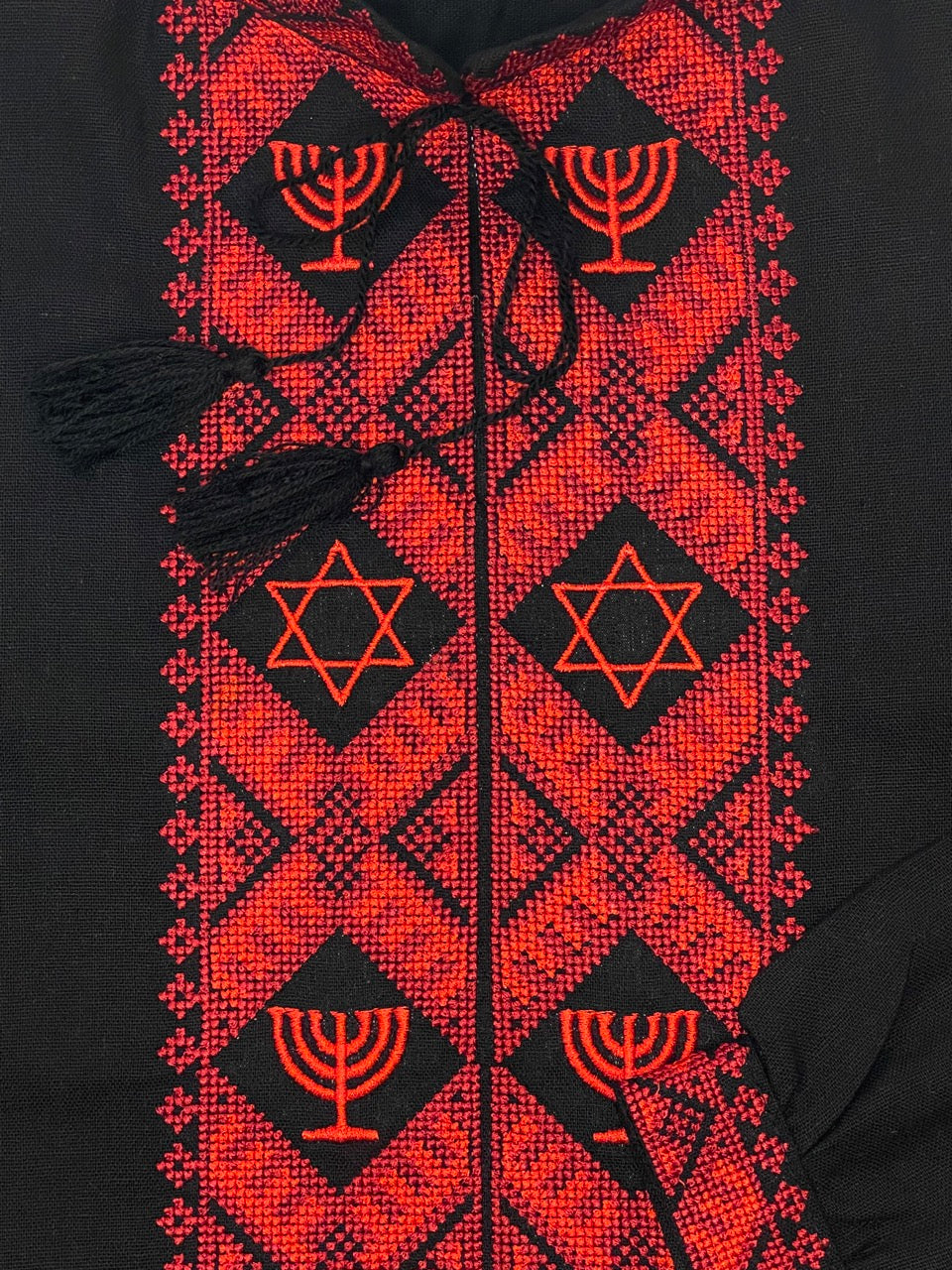 Black Men's Embroidered Shirt with Jewish Symbols