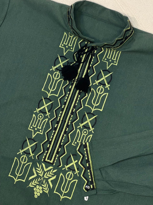 Dark Green Men's Vyshyvanka Embroidered with Ukrainian Symbol