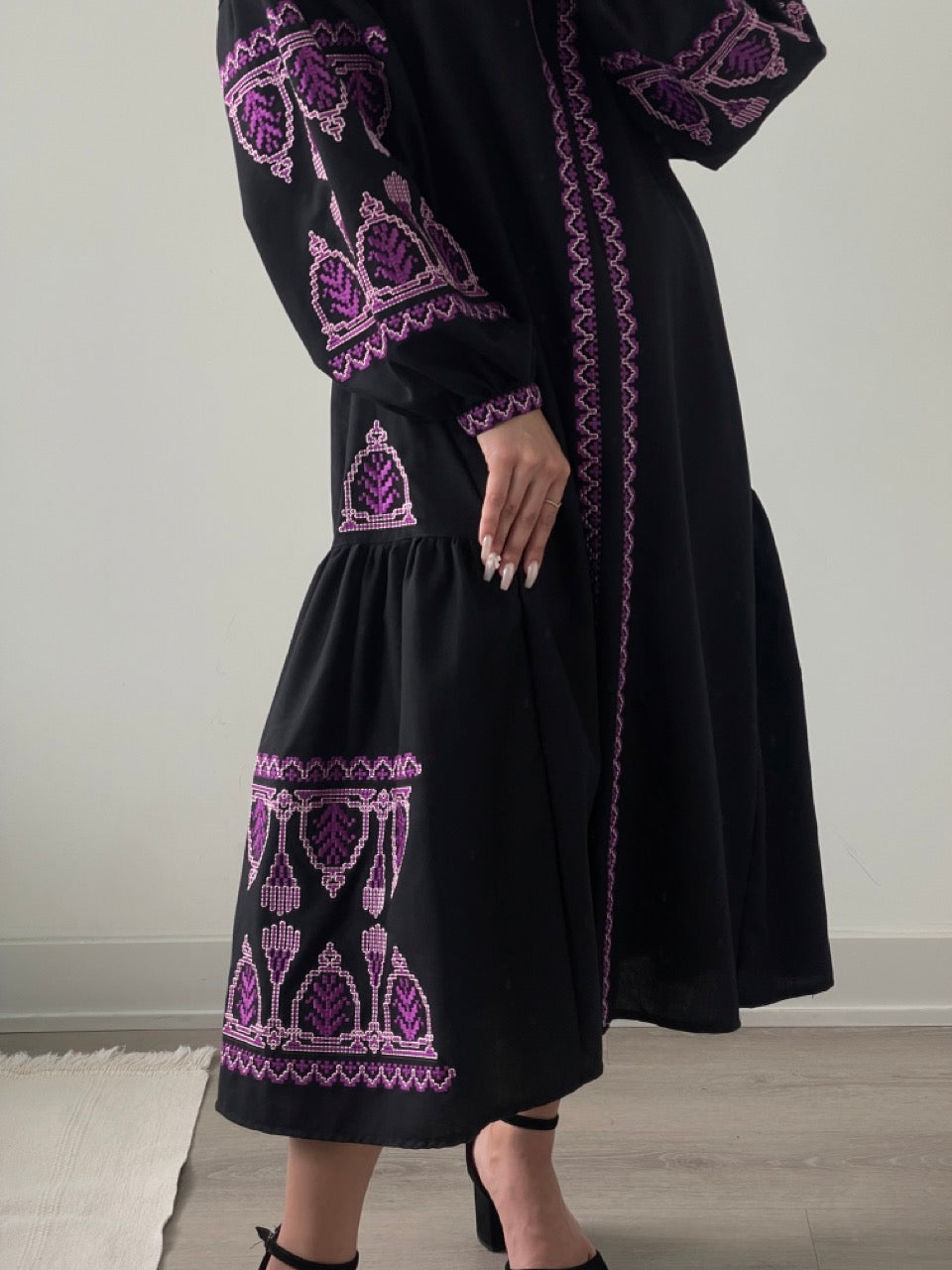 The Black Dress with Purple Embroidery