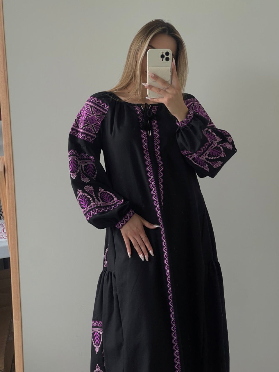 The Black Dress with Purple Embroidery